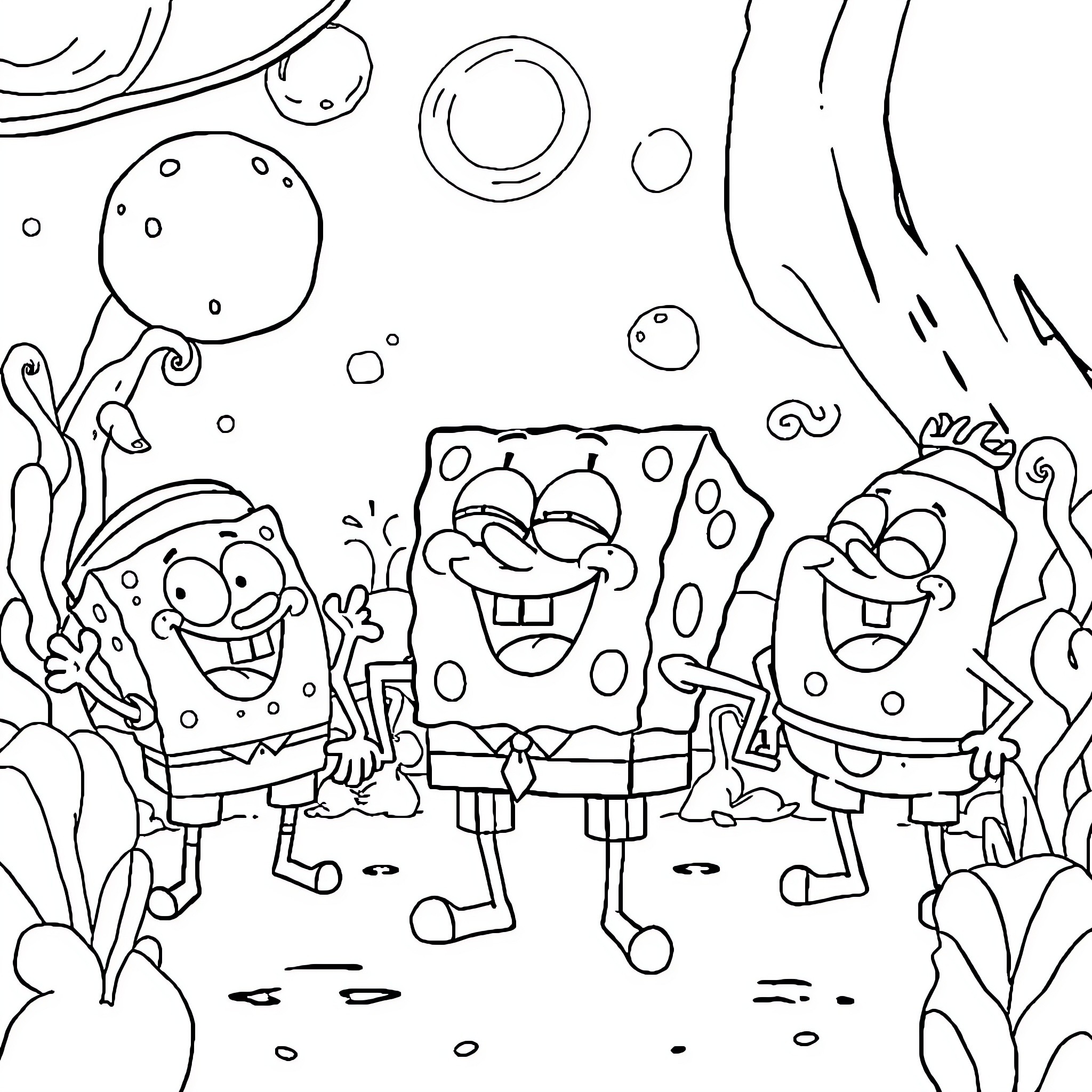 SpongeBob SquarePants and friends playing joyfully underwater Coloring Page (free black-and-white line drawing printable PDF for all, from beginners to advanced learners, including children, teens, adults, and seniors)