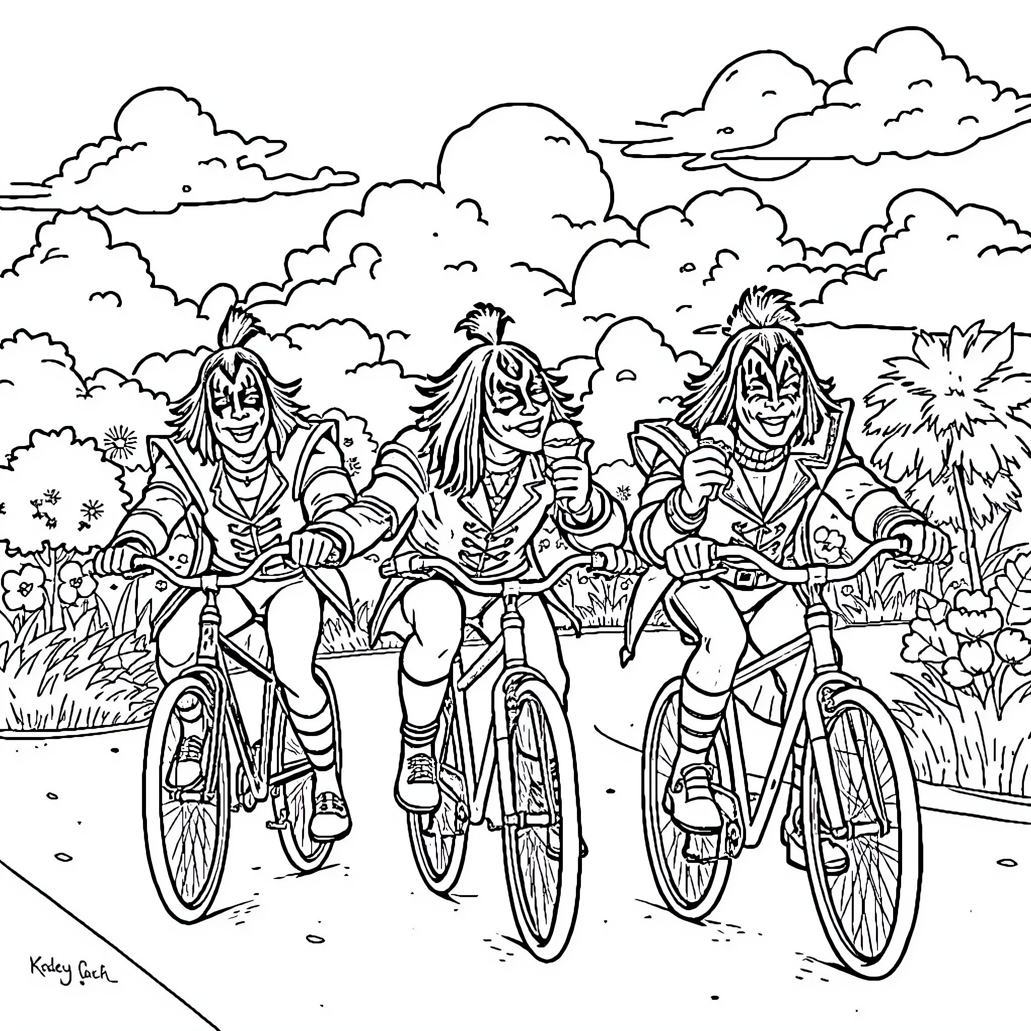 Band of friends riding bicycles in nature Coloring Page (free black-and-white line drawing printable PDF for all, from beginners to advanced learners, including children, teens, adults, and seniors)