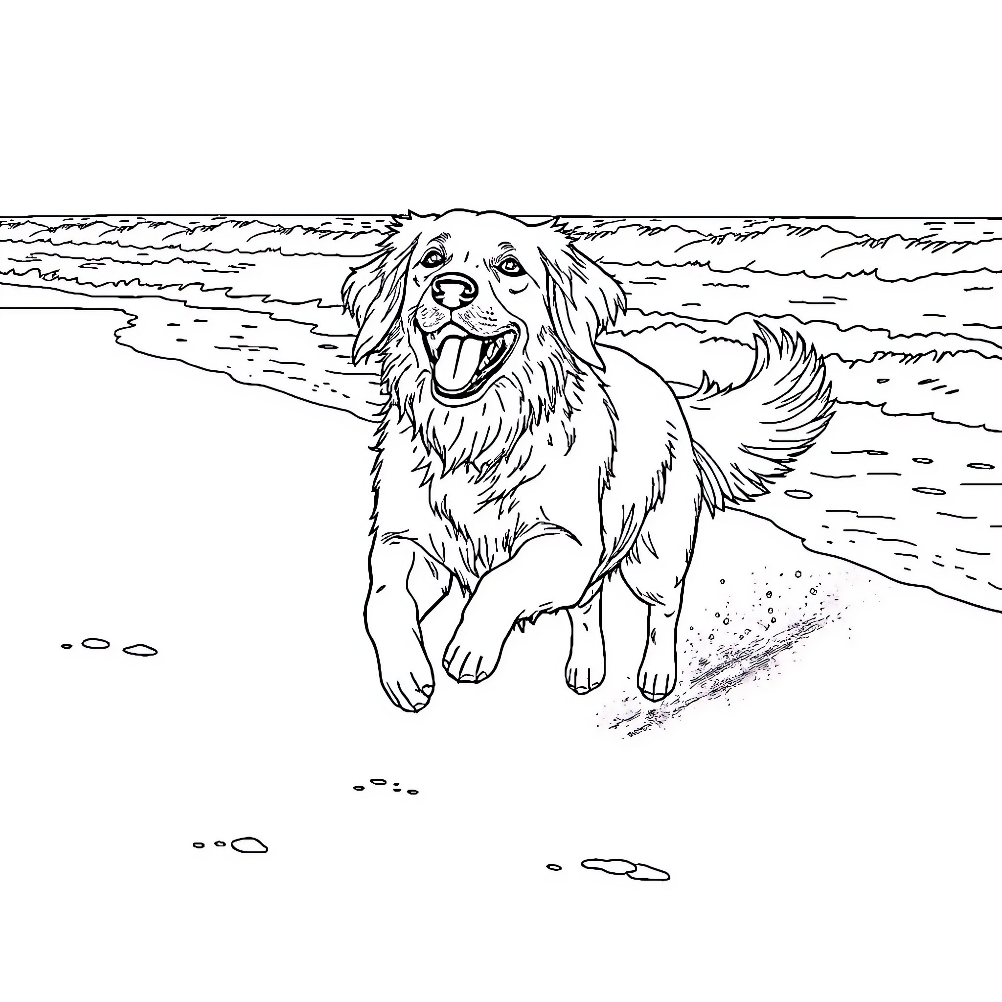 Golden Retriever frolicking happily on the beach Coloring Page (free black-and-white line drawing printable PDF for all, from beginners to advanced learners, including children, teens, adults, and seniors)