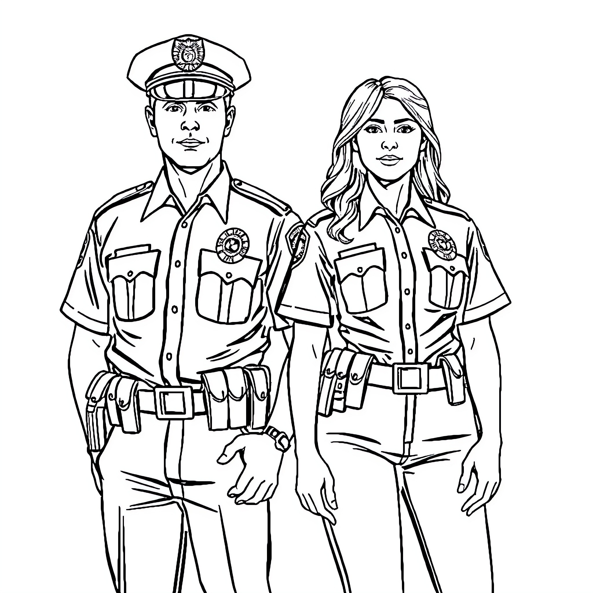 Police Officers in Uniform Posing Together Coloring Page (free black-and-white line drawing printable PDF for all, from beginners to advanced learners, including children, teens, adults, and seniors)