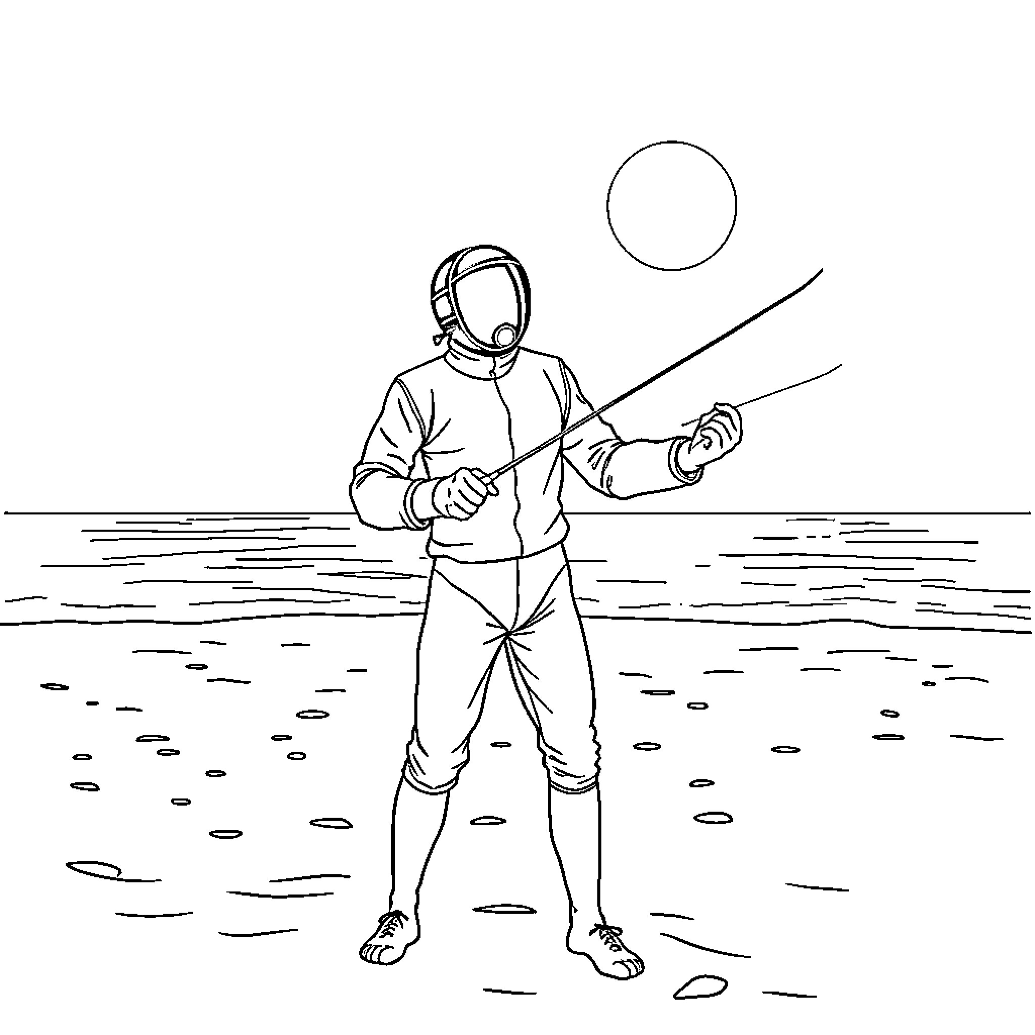 Fencer in action on the beach Coloring Page (free black-and-white line drawing printable PDF for all, from beginners to advanced learners, including children, teens, adults, and seniors)