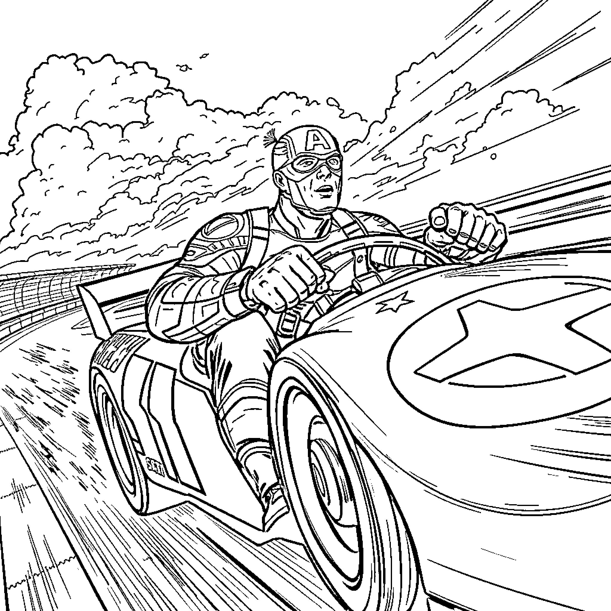Captain America Speeding Through the City Coloring Page (free black-and-white line drawing printable PDF for all, from beginners to advanced learners, including children, teens, adults, and seniors)