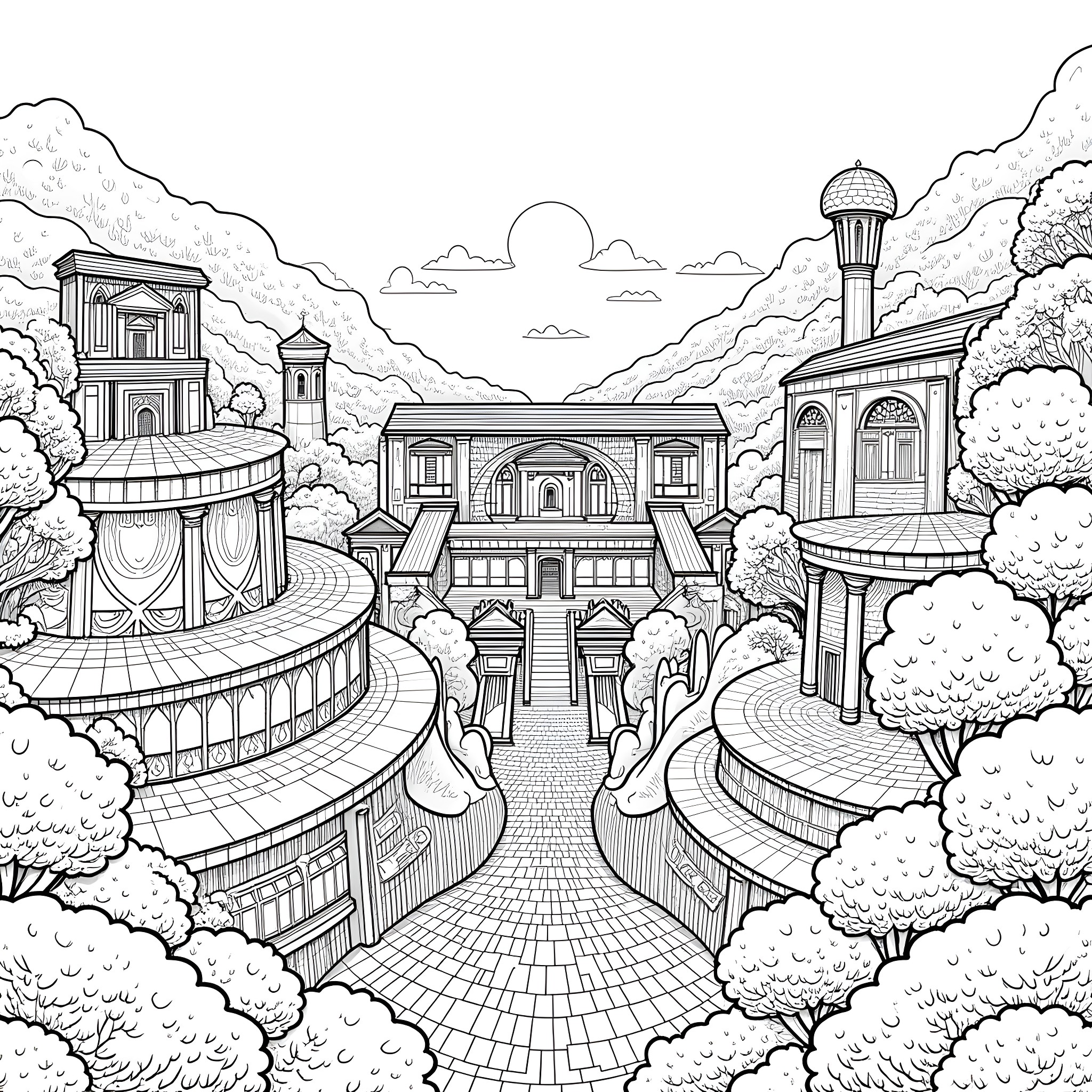 Hanging Garden of Architectural Wonders Coloring Page (free black-and-white line drawing printable PDF for all, from beginners to advanced learners, including children, teens, adults, and seniors)