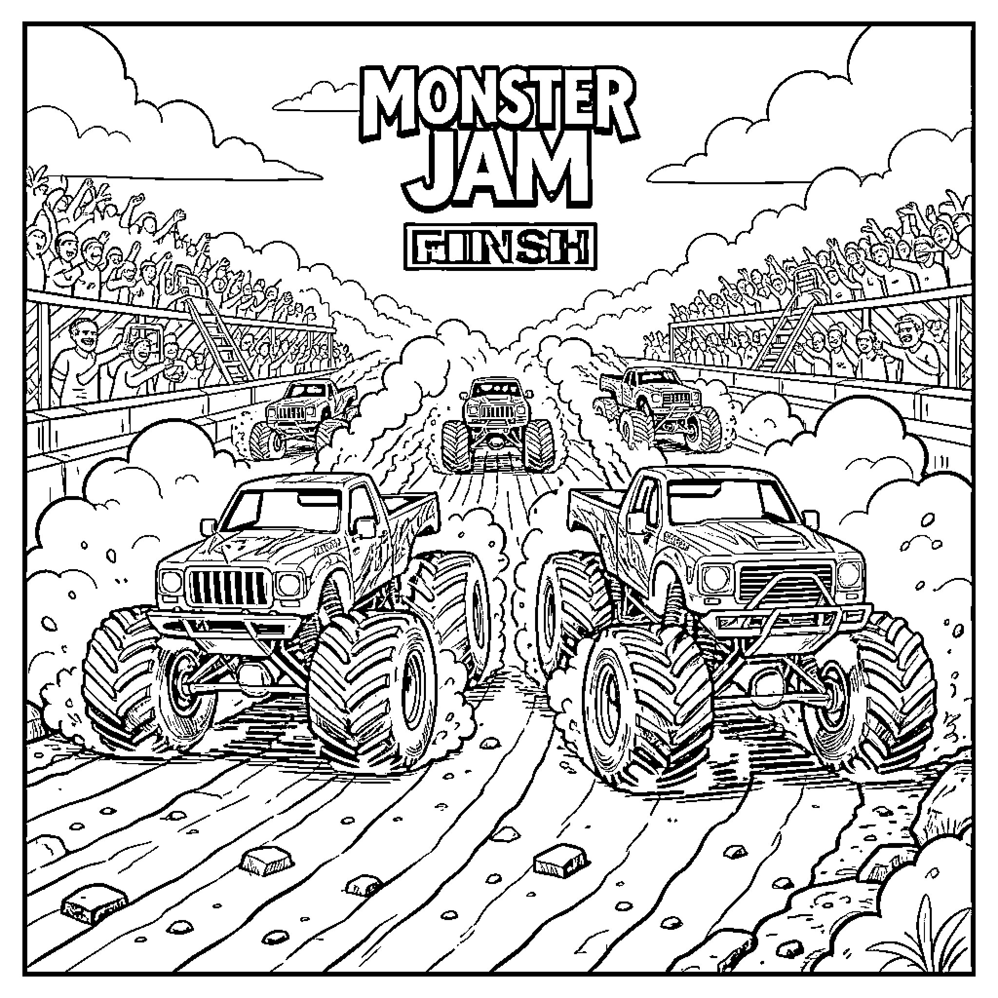 Monster Trucks Competing in a Jam at the Finish Line Coloring Page (free black-and-white line drawing printable PDF for all, from beginners to advanced learners, including children, teens, adults, and seniors)