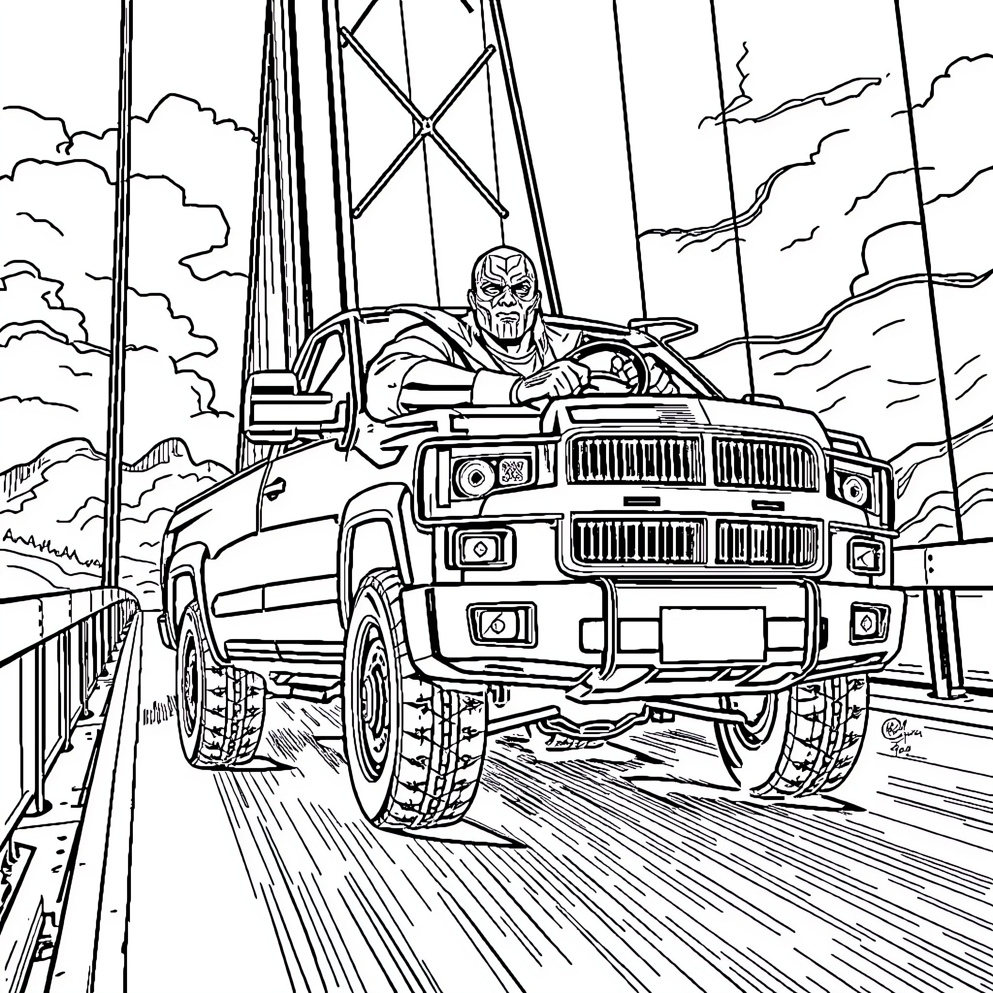 Wrestler speeding on a rugged off-road vehicle Coloring Page (free black-and-white line drawing printable PDF for all, from beginners to advanced learners, including children, teens, adults, and seniors)