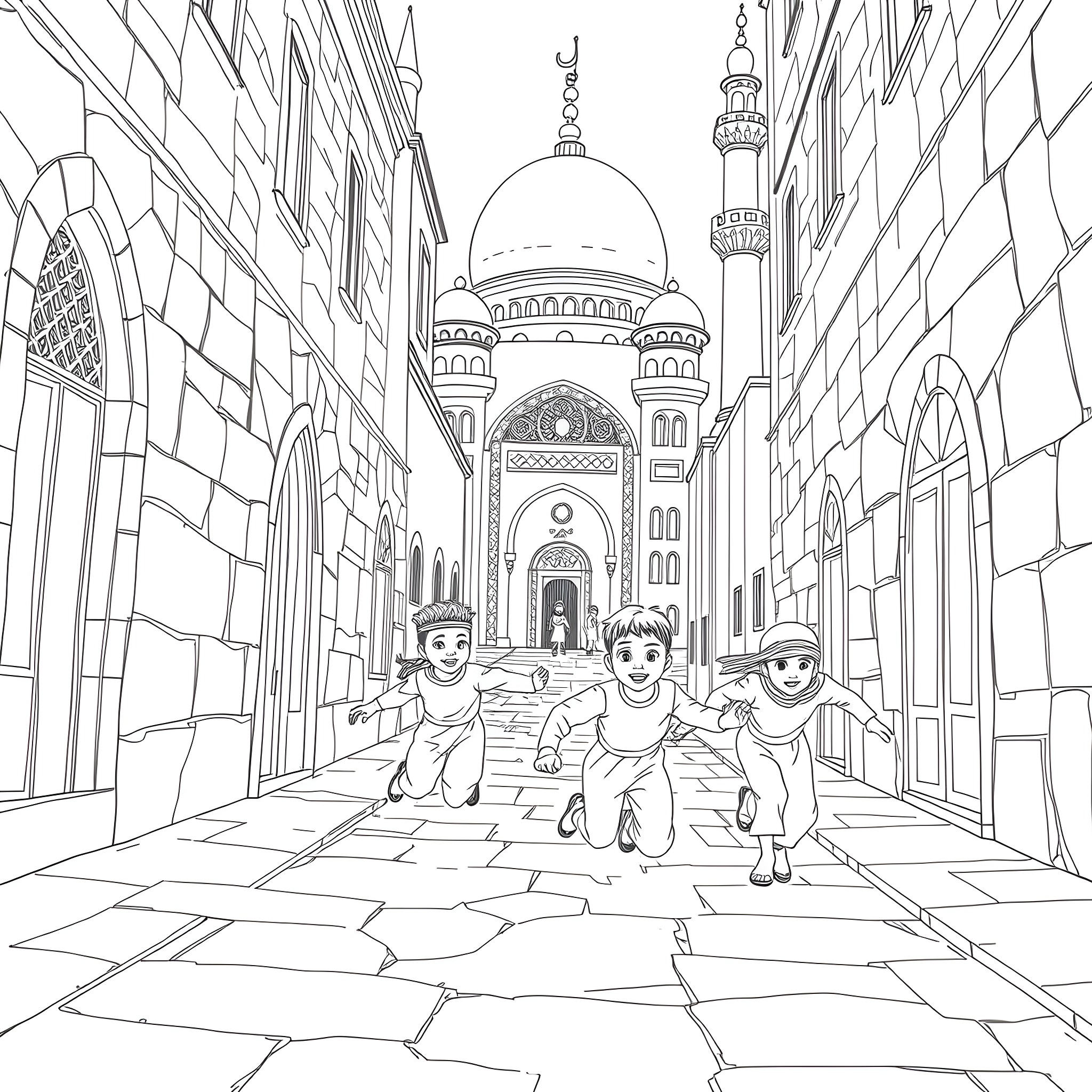 Children playing joyfully in front of a grand mosque Coloring Page (free black-and-white line drawing printable PDF for all, from beginners to advanced learners, including children, teens, adults, and seniors)