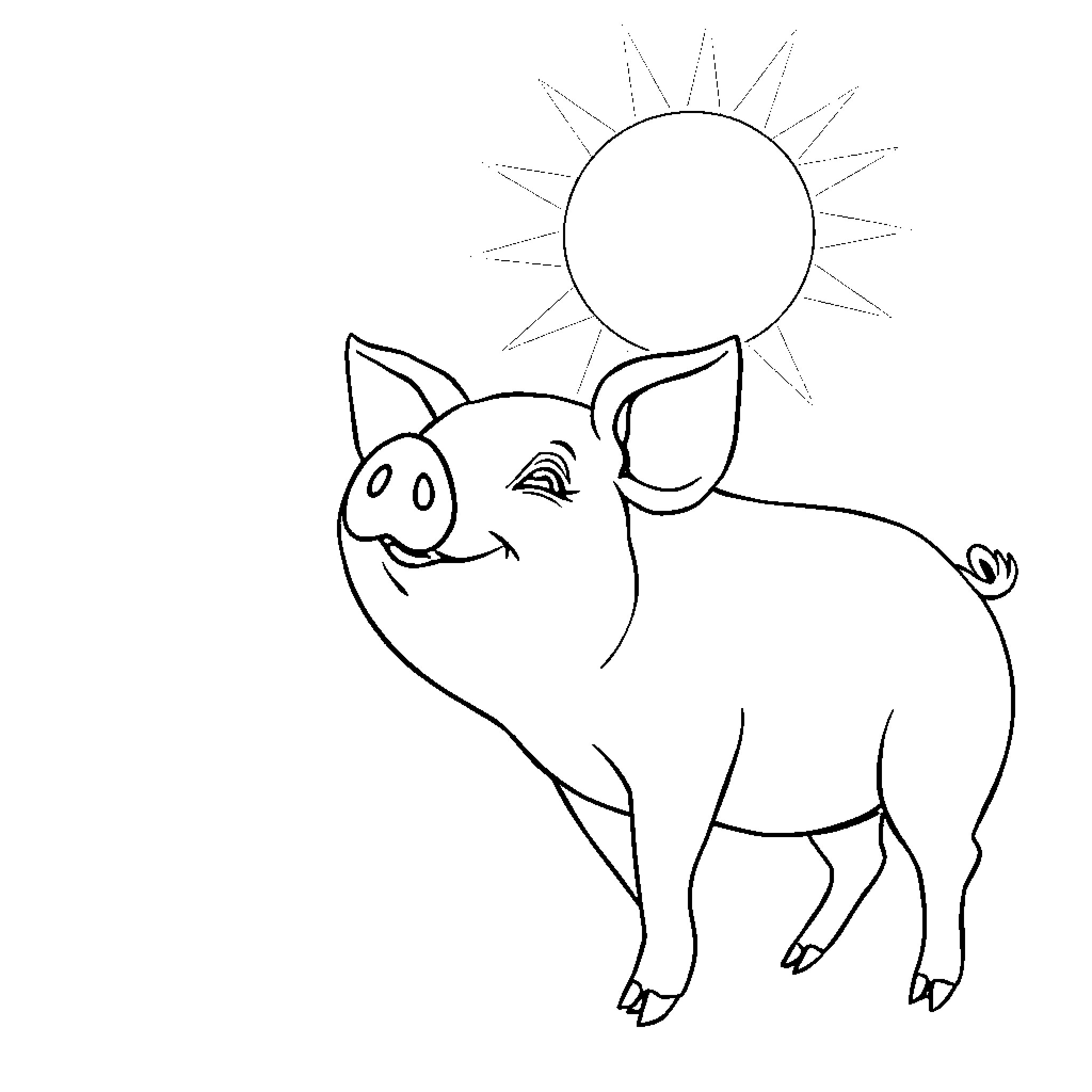 Pig enjoying the sunny day Coloring Page (free black-and-white line drawing printable PDF for all, from beginners to advanced learners, including children, teens, adults, and seniors)