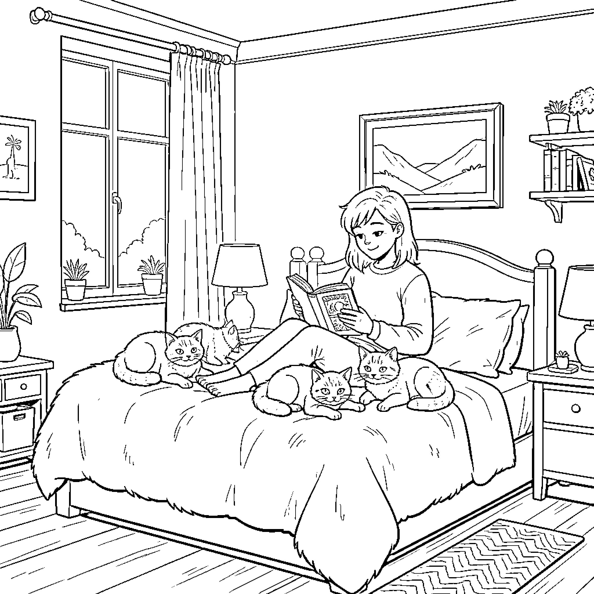 Cat cozy reading with owner on bed Coloring Page (free black-and-white line drawing printable PDF for all, from beginners to advanced learners, including children, teens, adults, and seniors)