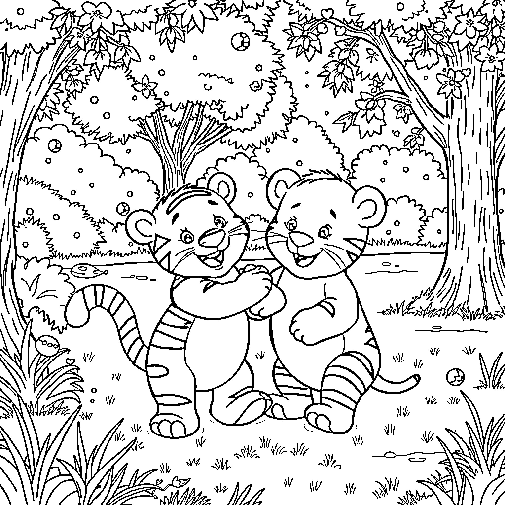 Daniel Tiger friends exploring the forest Coloring Page (free black-and-white line drawing printable PDF for all, from beginners to advanced learners, including children, teens, adults, and seniors)