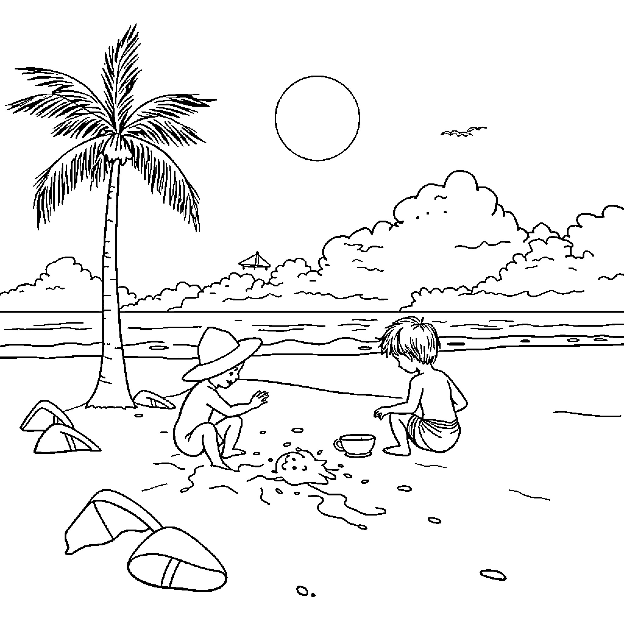 Beach scene with children playing in the sand Coloring Page (free black-and-white line drawing printable PDF for all, from beginners to advanced learners, including children, teens, adults, and seniors)