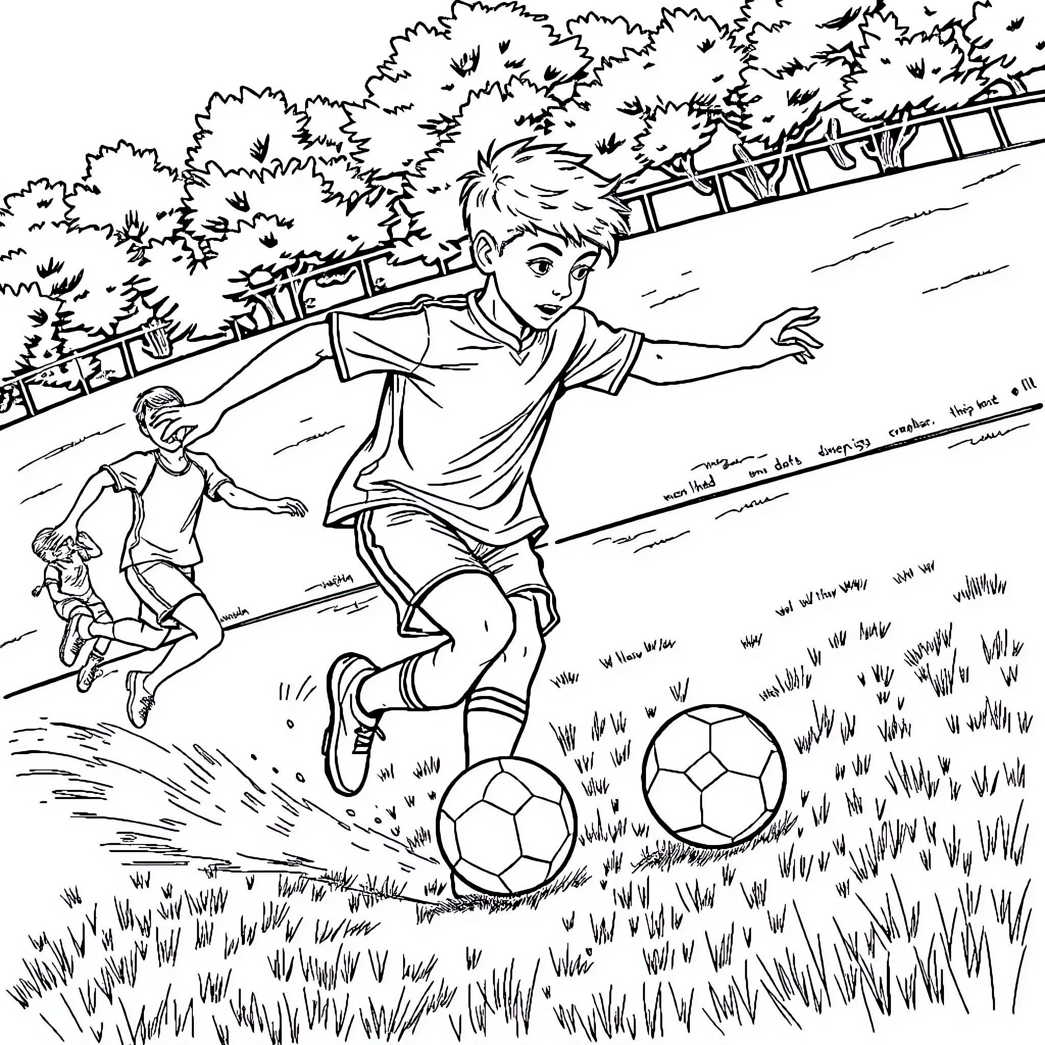 Boy playing soccer in the park Coloring Page (free black-and-white line drawing printable PDF for all, from beginners to advanced learners, including children, teens, adults, and seniors)