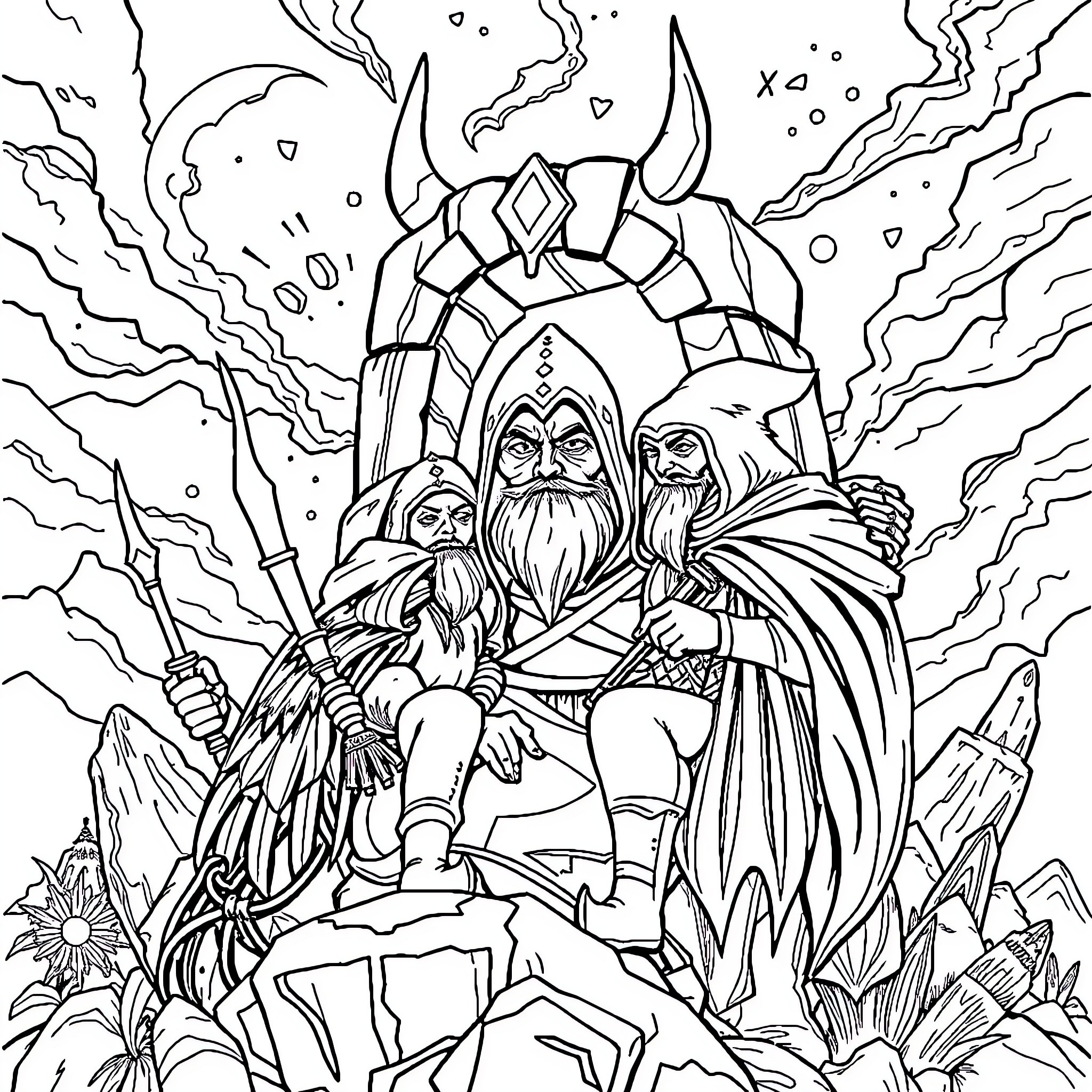 The Fellowship of Powerful Fantasy Figures Coloring Page (free black-and-white line drawing printable PDF for all, from beginners to advanced learners, including children, teens, adults, and seniors)