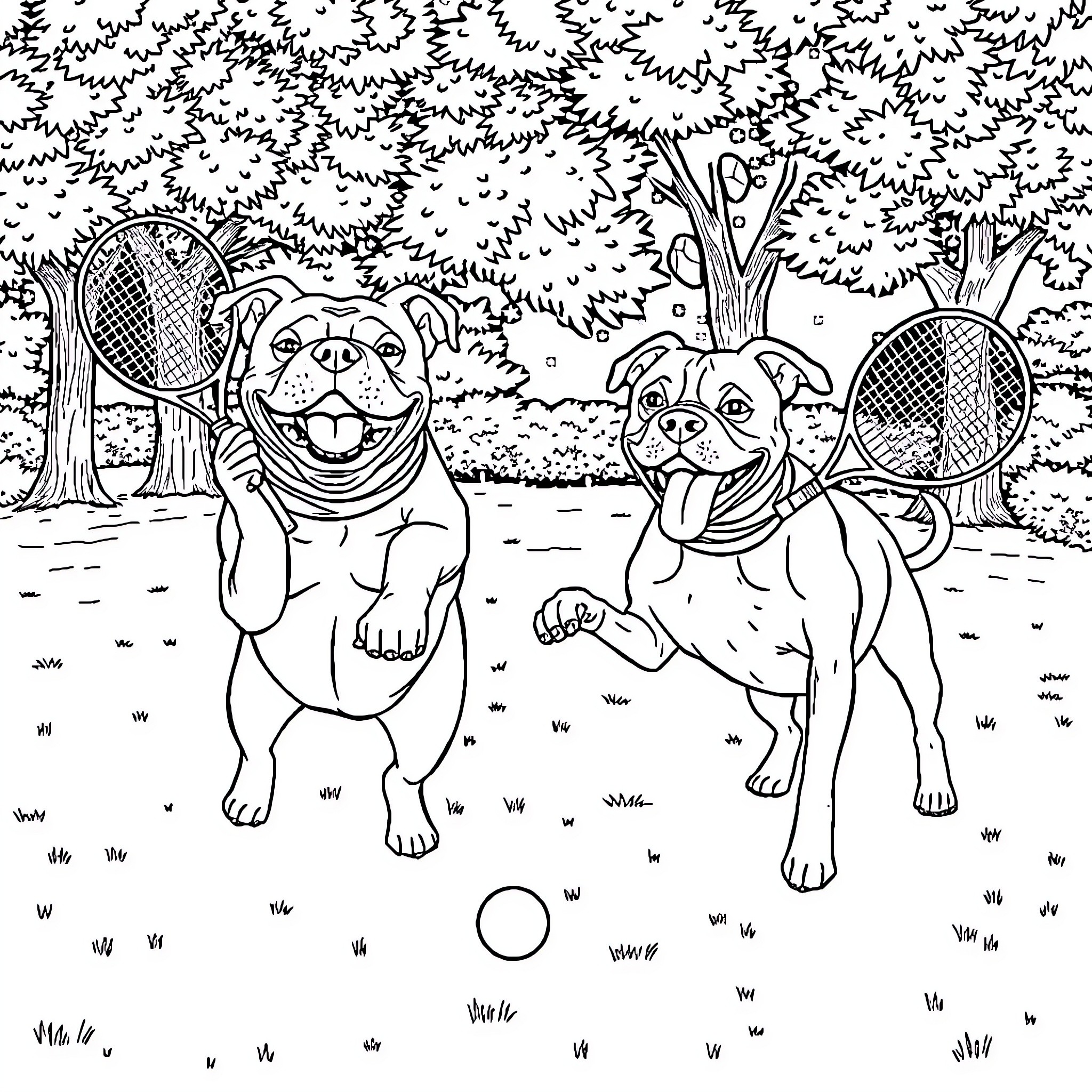 Dogs playing with tennis balls in the park Coloring Page (free black-and-white line drawing printable PDF for all, from beginners to advanced learners, including children, teens, adults, and seniors)