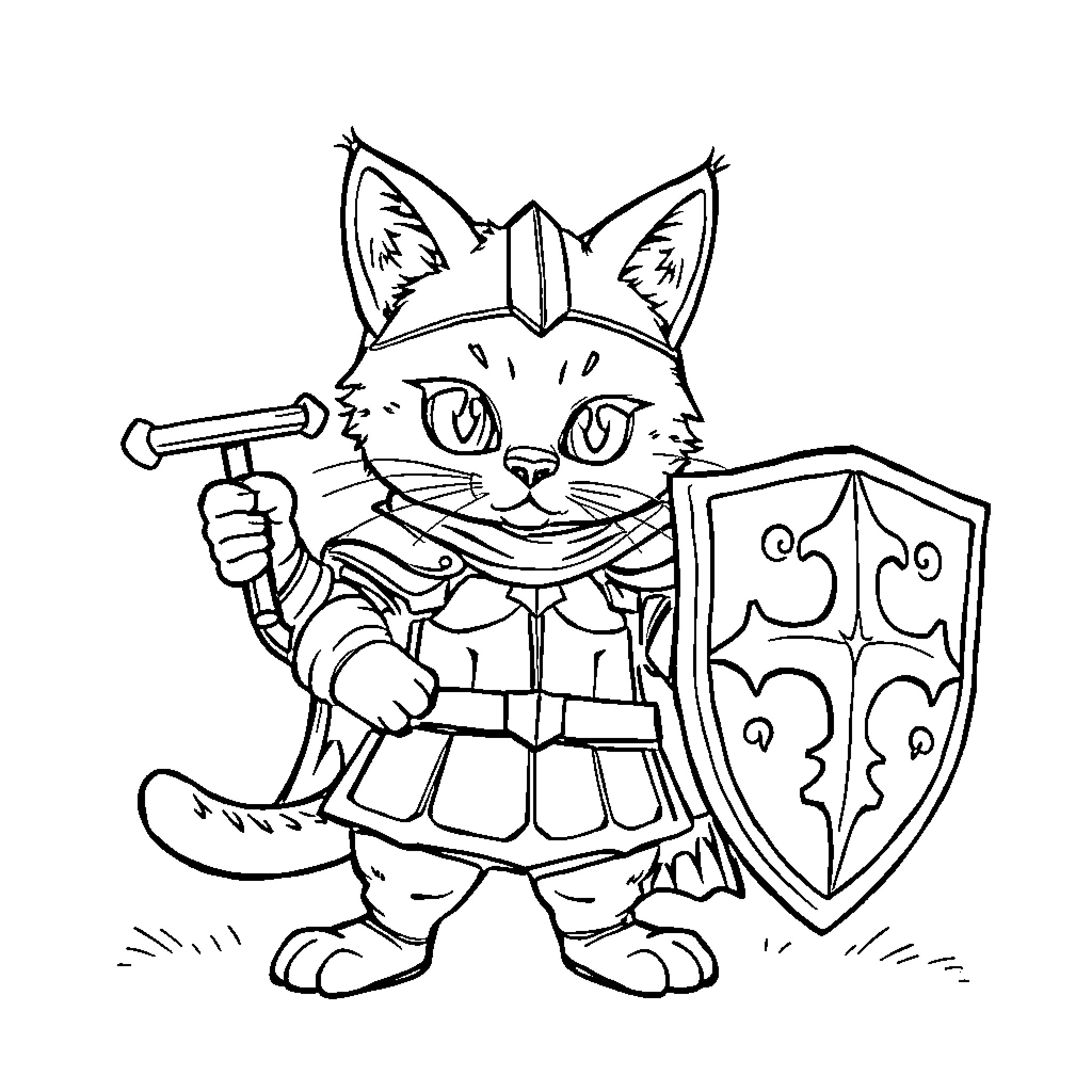 Cat warrior with shield and sword Coloring Page (free black-and-white line drawing printable PDF for all, from beginners to advanced learners, including children, teens, adults, and seniors)