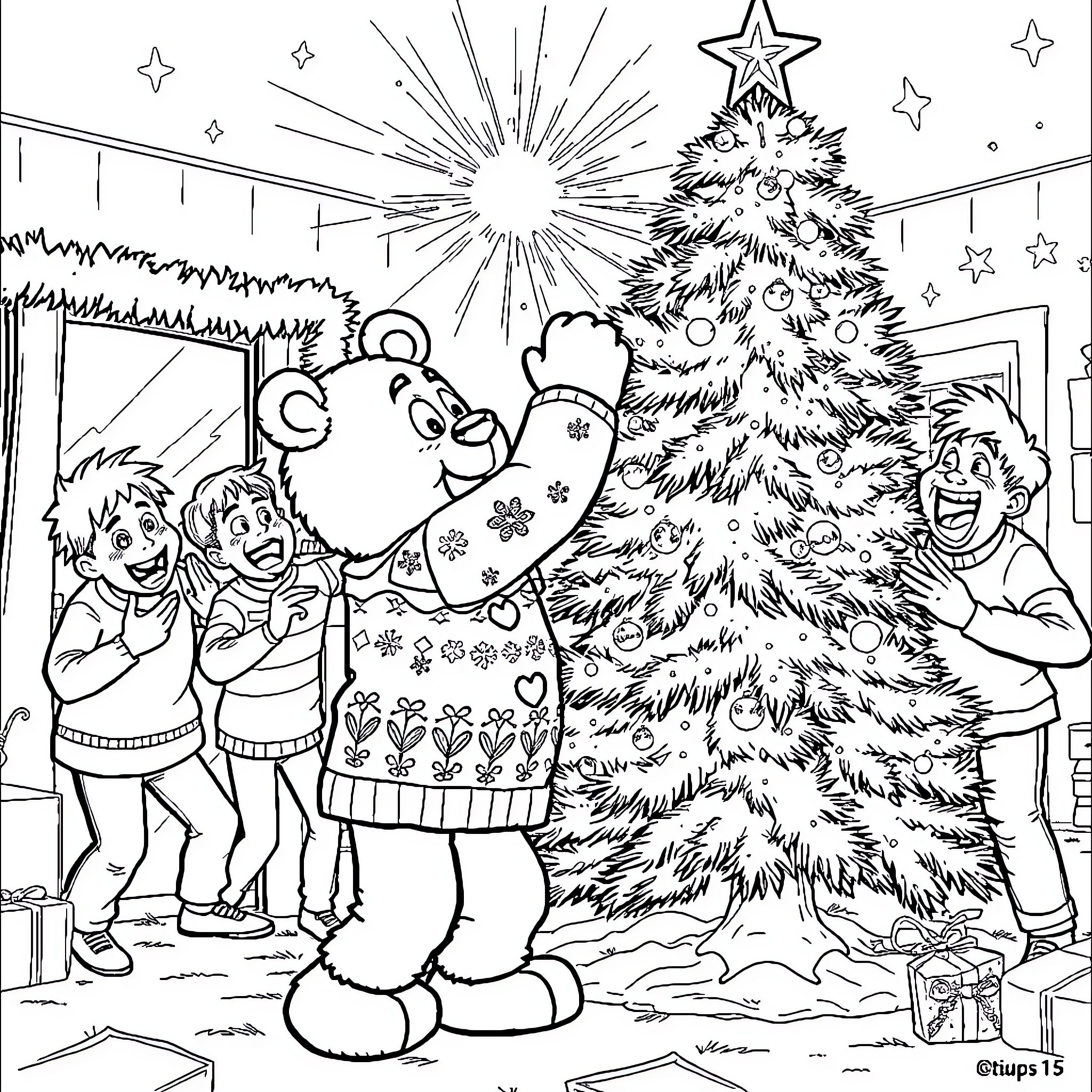 Freddy and friends celebrate Christmas together Coloring Page (free black-and-white line drawing printable PDF for all, from beginners to advanced learners, including children, teens, adults, and seniors)