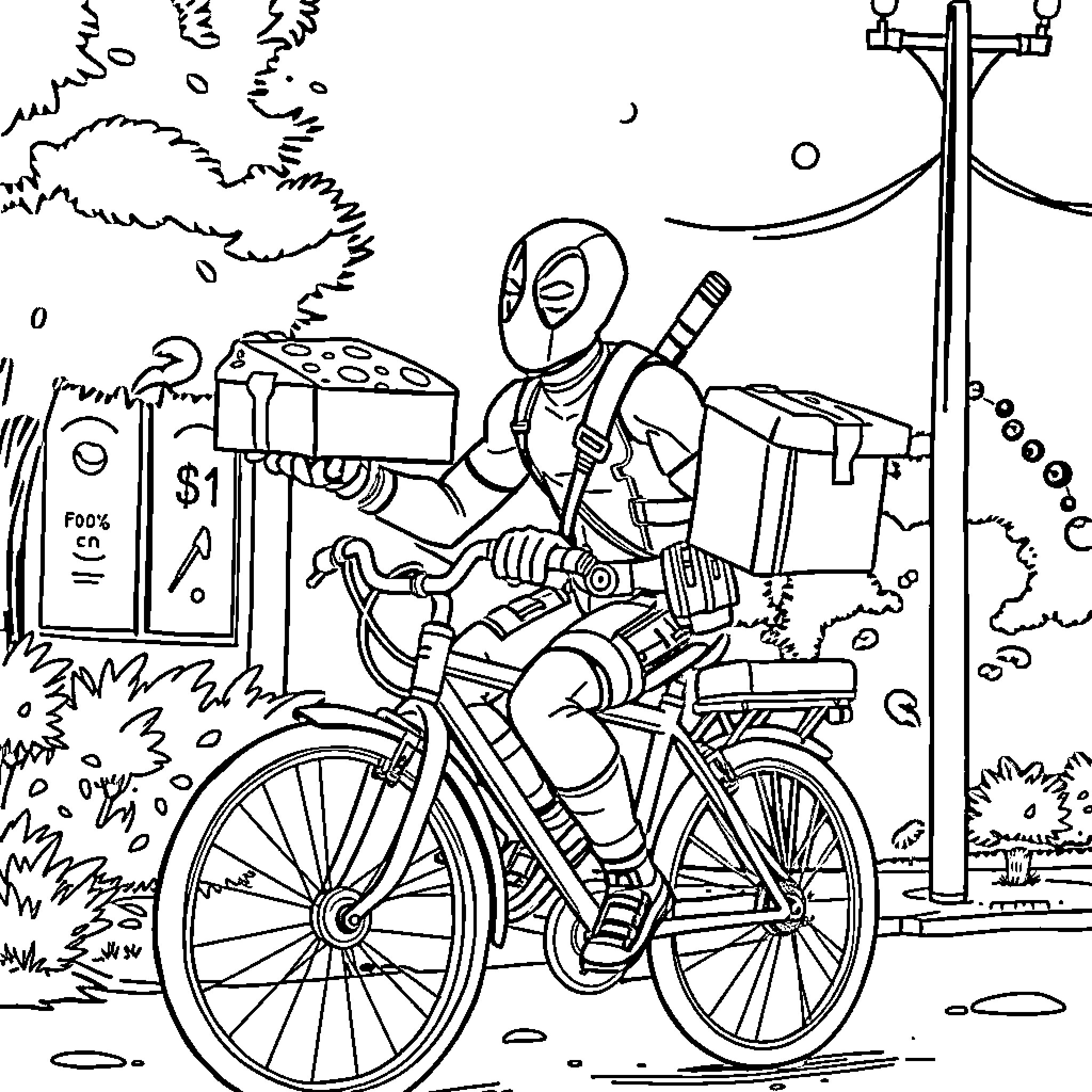Deadpool's Crazy Cycling Adventure Coloring Page (free black-and-white line drawing printable PDF for all, from beginners to advanced learners, including children, teens, adults, and seniors)
