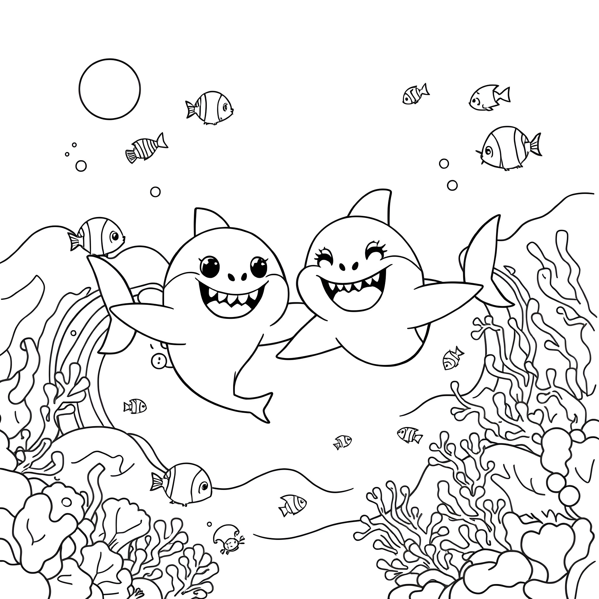 Baby Shark playing joyfully in the ocean with friends Coloring Page (free black-and-white line drawing printable PDF for all, from beginners to advanced learners, including children, teens, adults, and seniors)