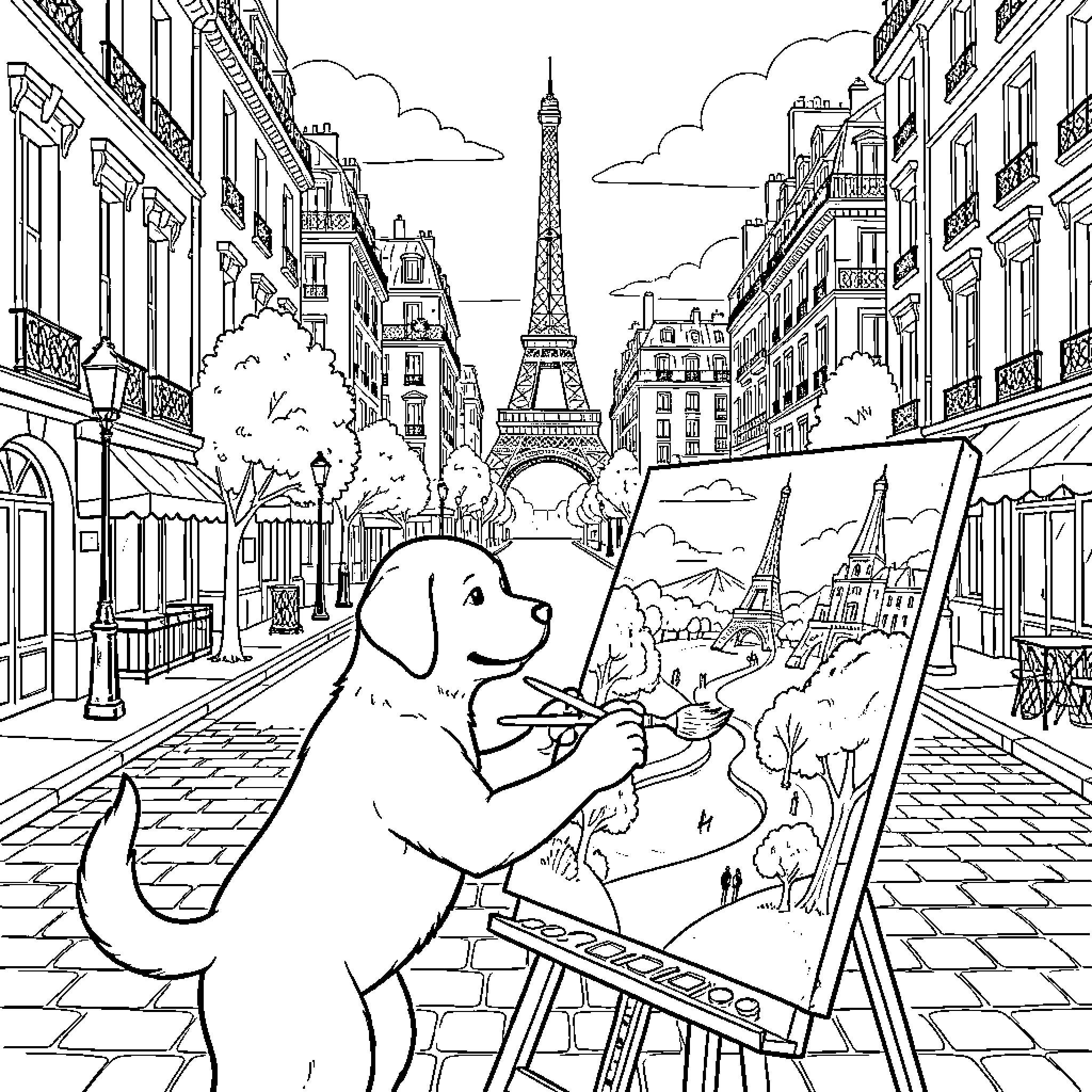 Dog painting the Eiffel Tower in Paris Coloring Page (free black-and-white line drawing printable PDF for all, from beginners to advanced learners, including children, teens, adults, and seniors)