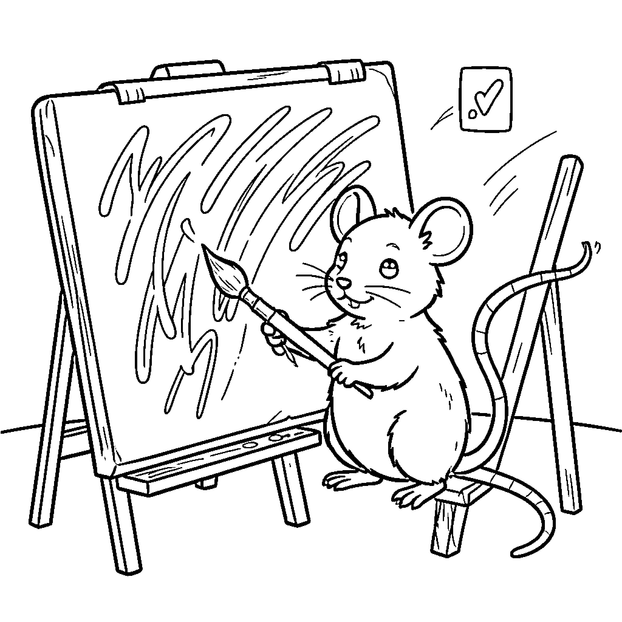 Mouse painting on an easel Coloring Page (free black-and-white line drawing printable PDF for all, from beginners to advanced learners, including children, teens, adults, and seniors)