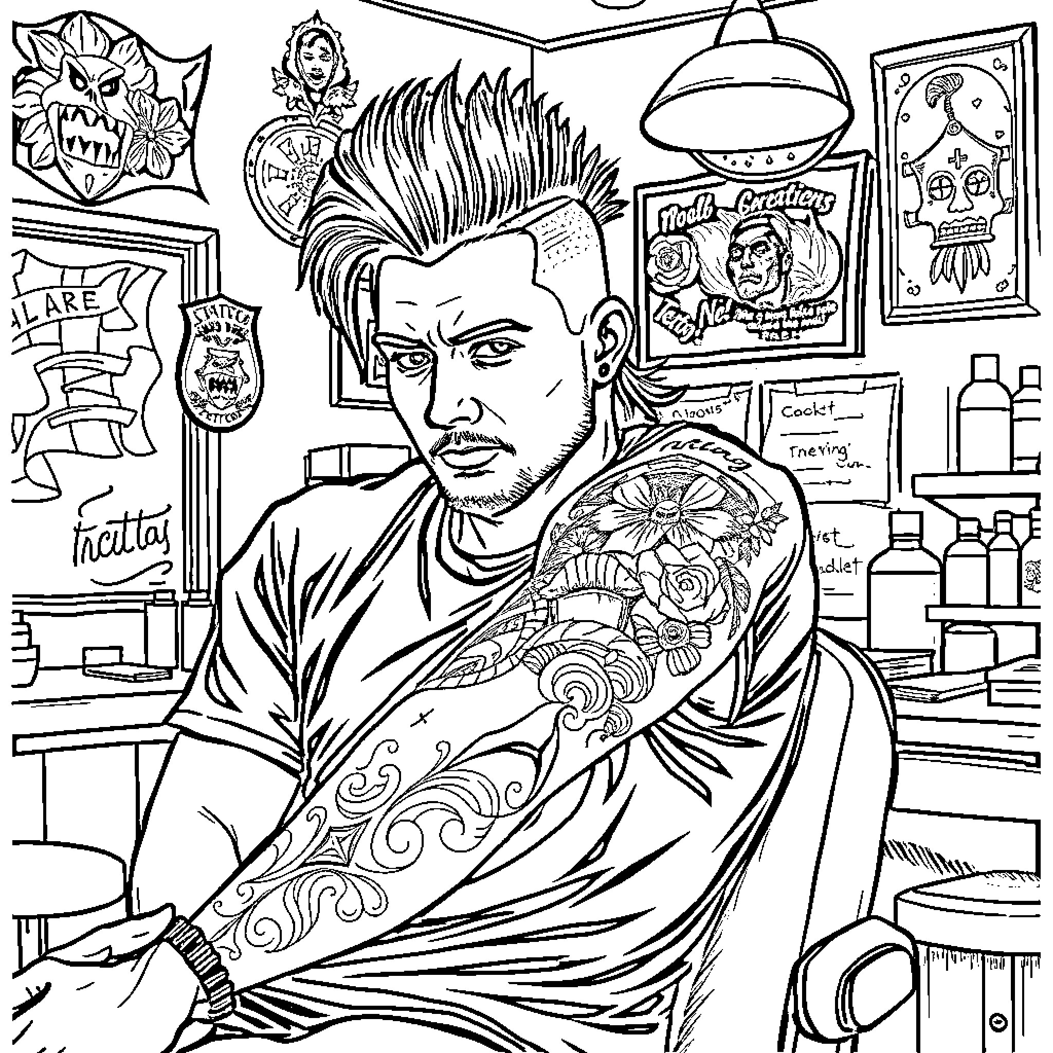 Guy with punk hairstyle and tattooed arms in tattoo shop Coloring Page (free black-and-white line drawing printable PDF for all, from beginners to advanced learners, including children, teens, adults, and seniors)