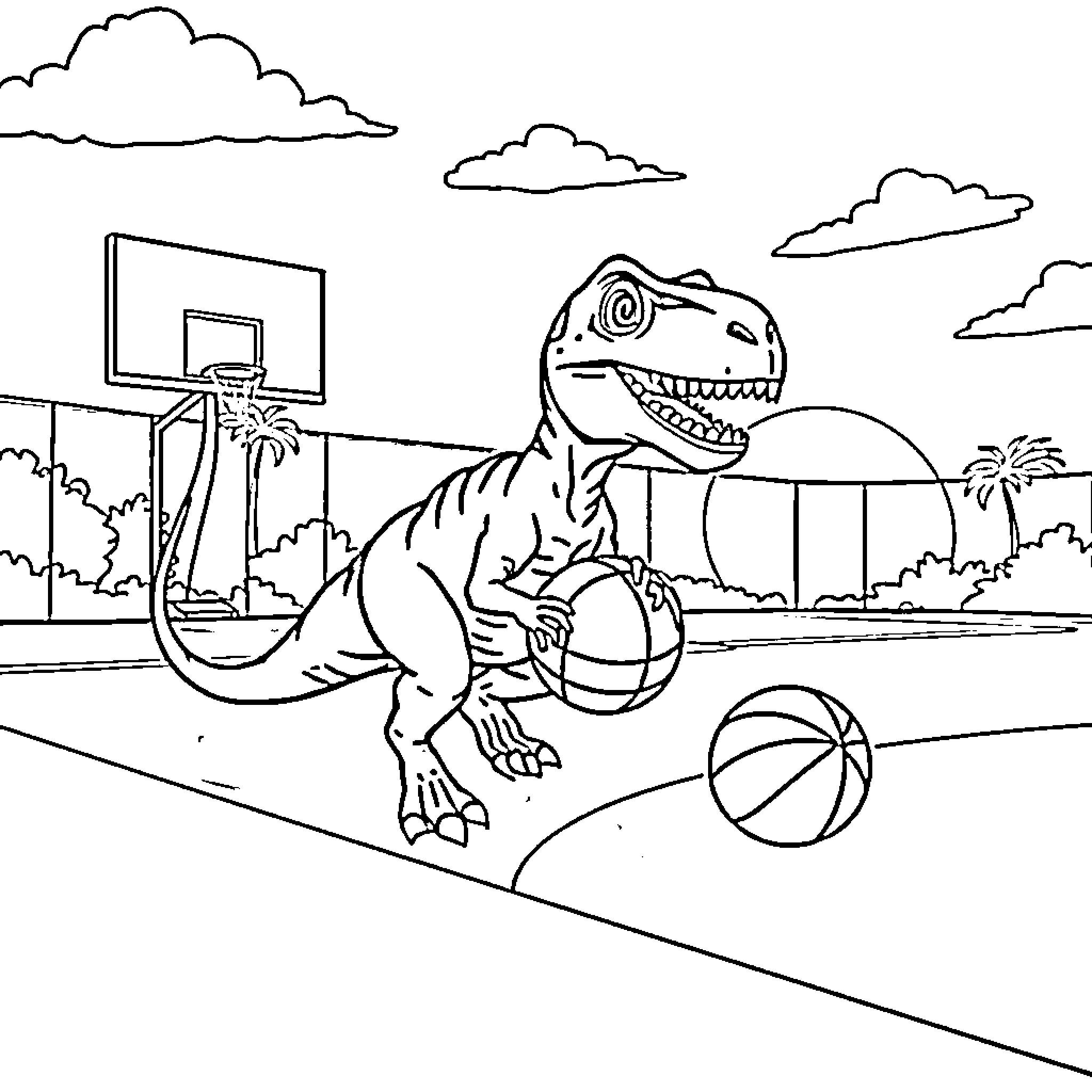 Velociraptor playing basketball on the court Coloring Page (free black-and-white line drawing printable PDF for all, from beginners to advanced learners, including children, teens, adults, and seniors)