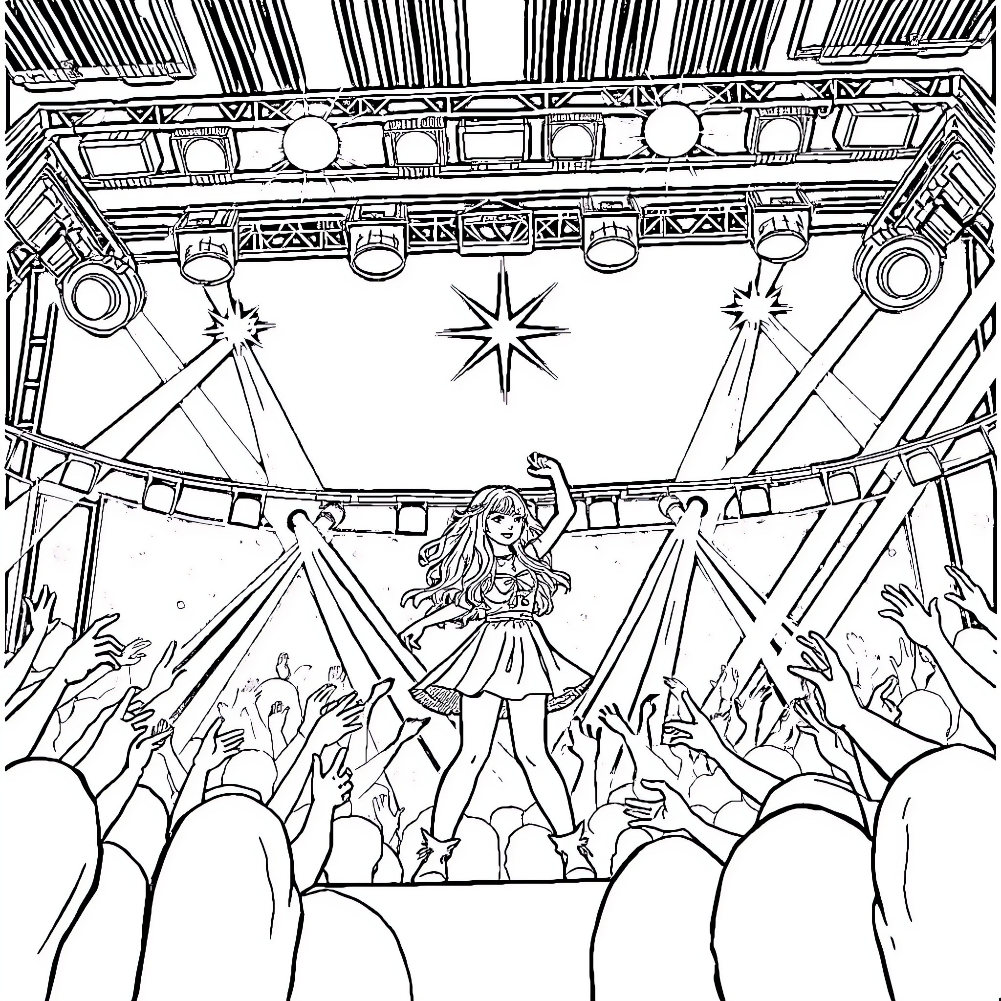 Mackenzie's Starry Stage Performance Coloring Page (free black-and-white line drawing printable PDF for all, from beginners to advanced learners, including children, teens, adults, and seniors)