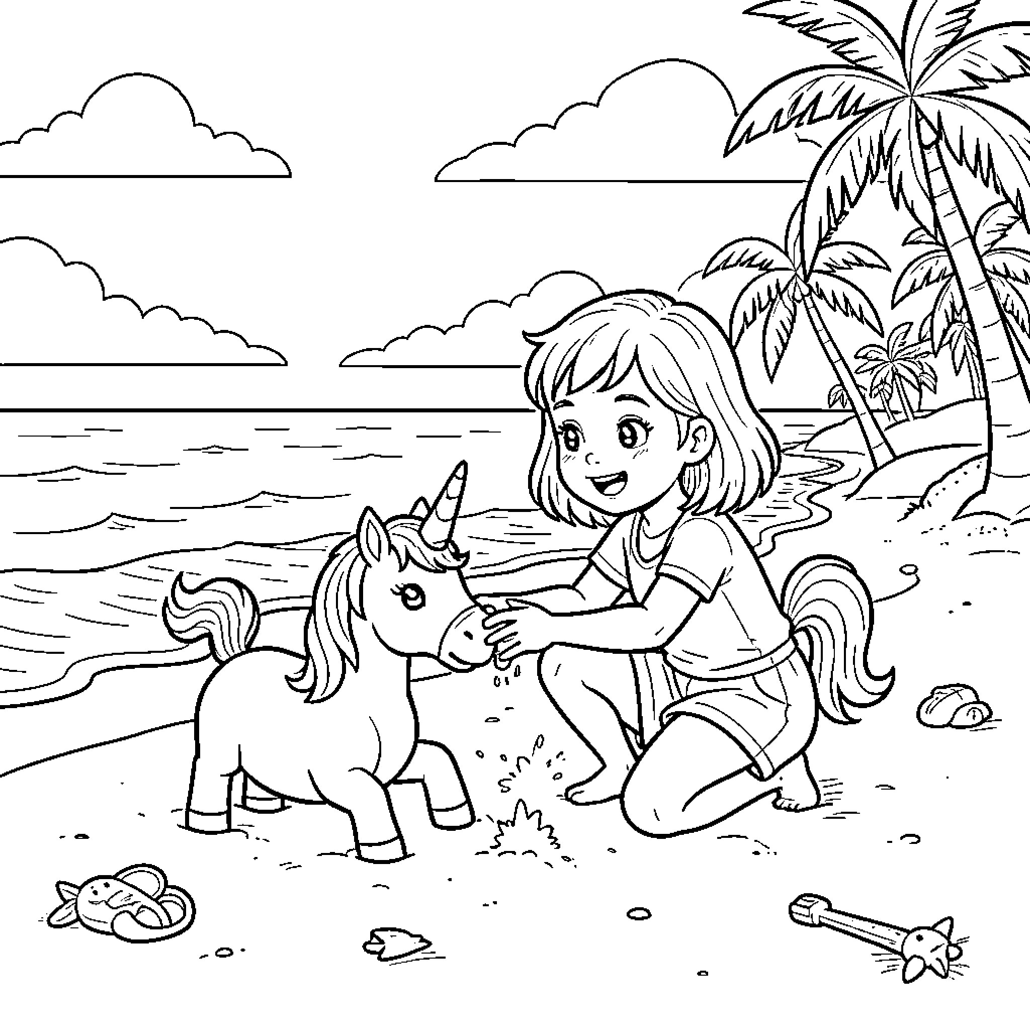 Unicorn and Girl Playing by the Beach Coloring Page (free black-and-white line drawing printable PDF for all, from beginners to advanced learners, including children, teens, adults, and seniors)