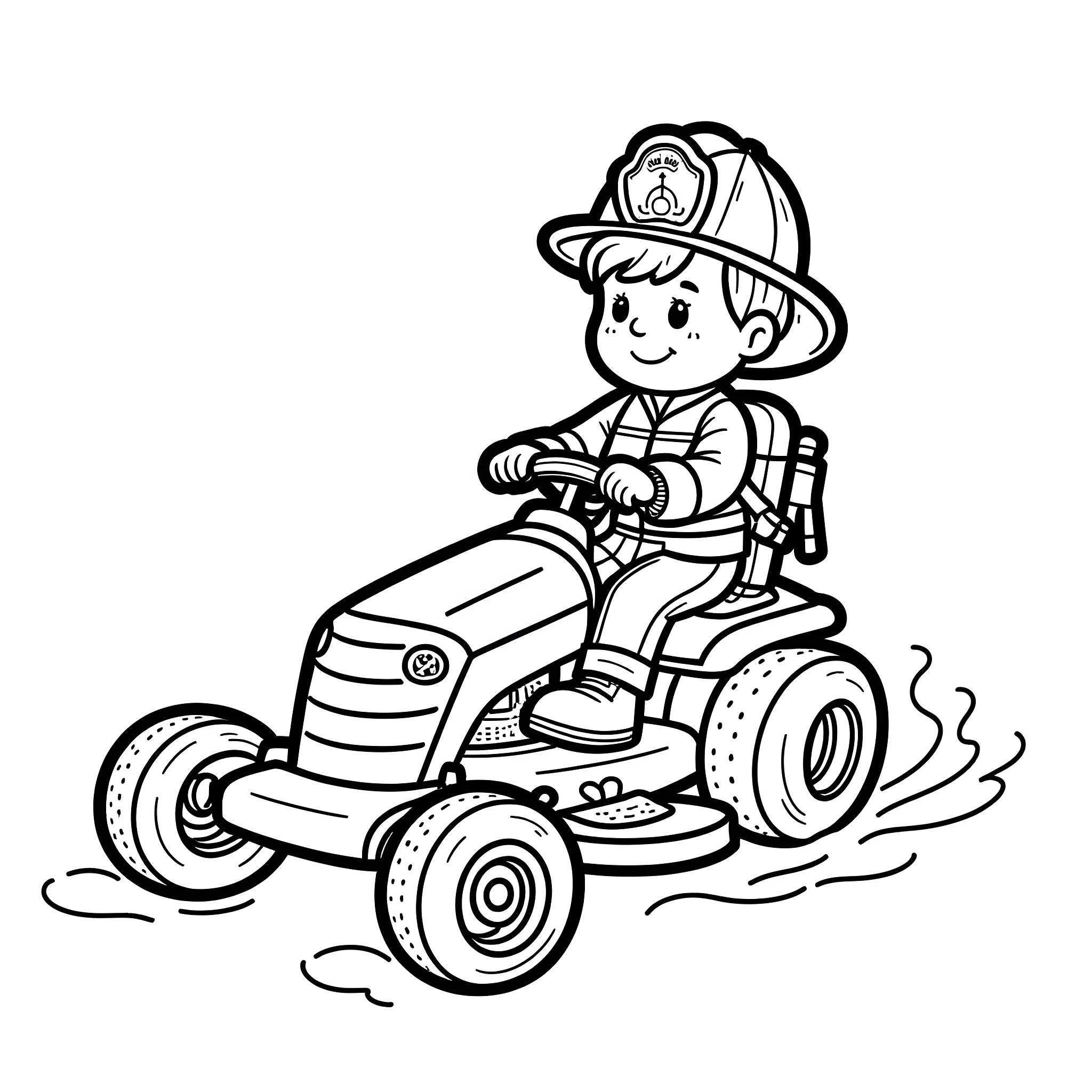 Firefighter riding a toy fire truck Coloring Page (free black-and-white line drawing printable PDF for all, from beginners to advanced learners, including children, teens, adults, and seniors)