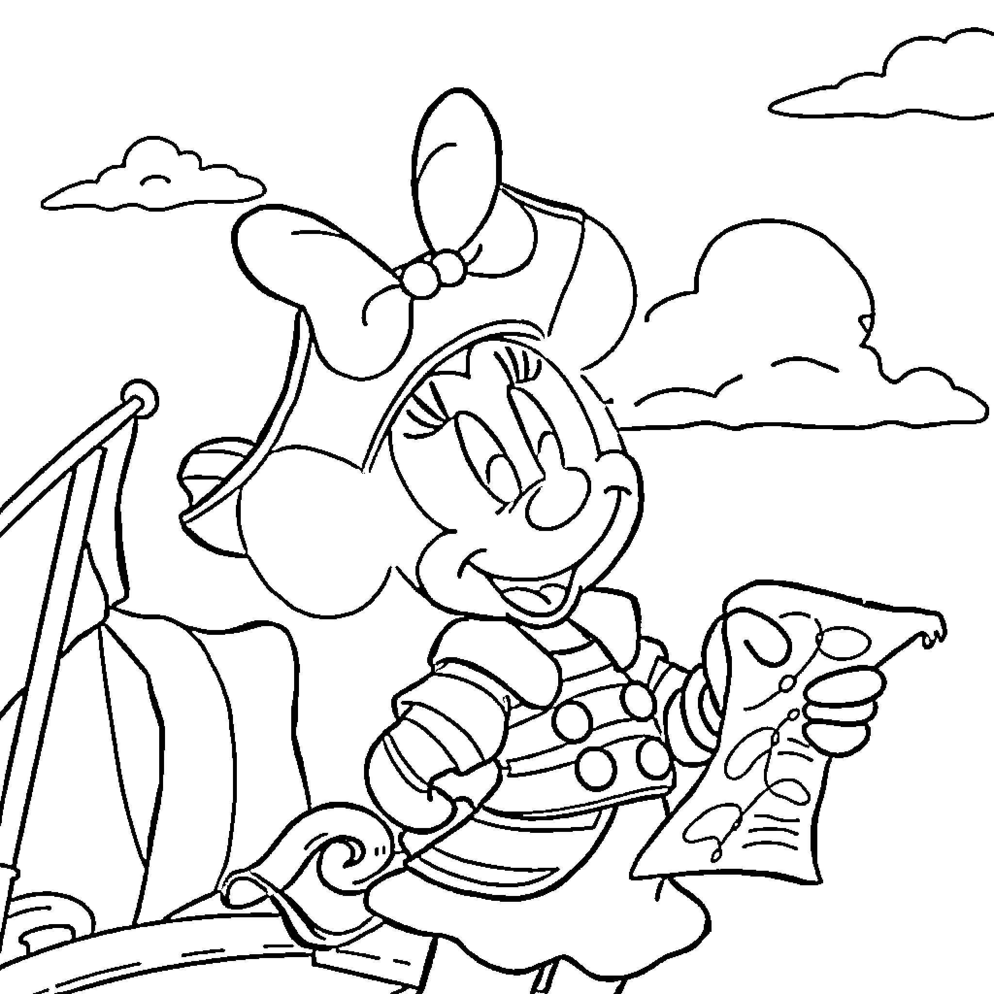 Minnie Mouse reading a book and enjoying the outdoors Coloring Page (free black-and-white line drawing printable PDF for all, from beginners to advanced learners, including children, teens, adults, and seniors)