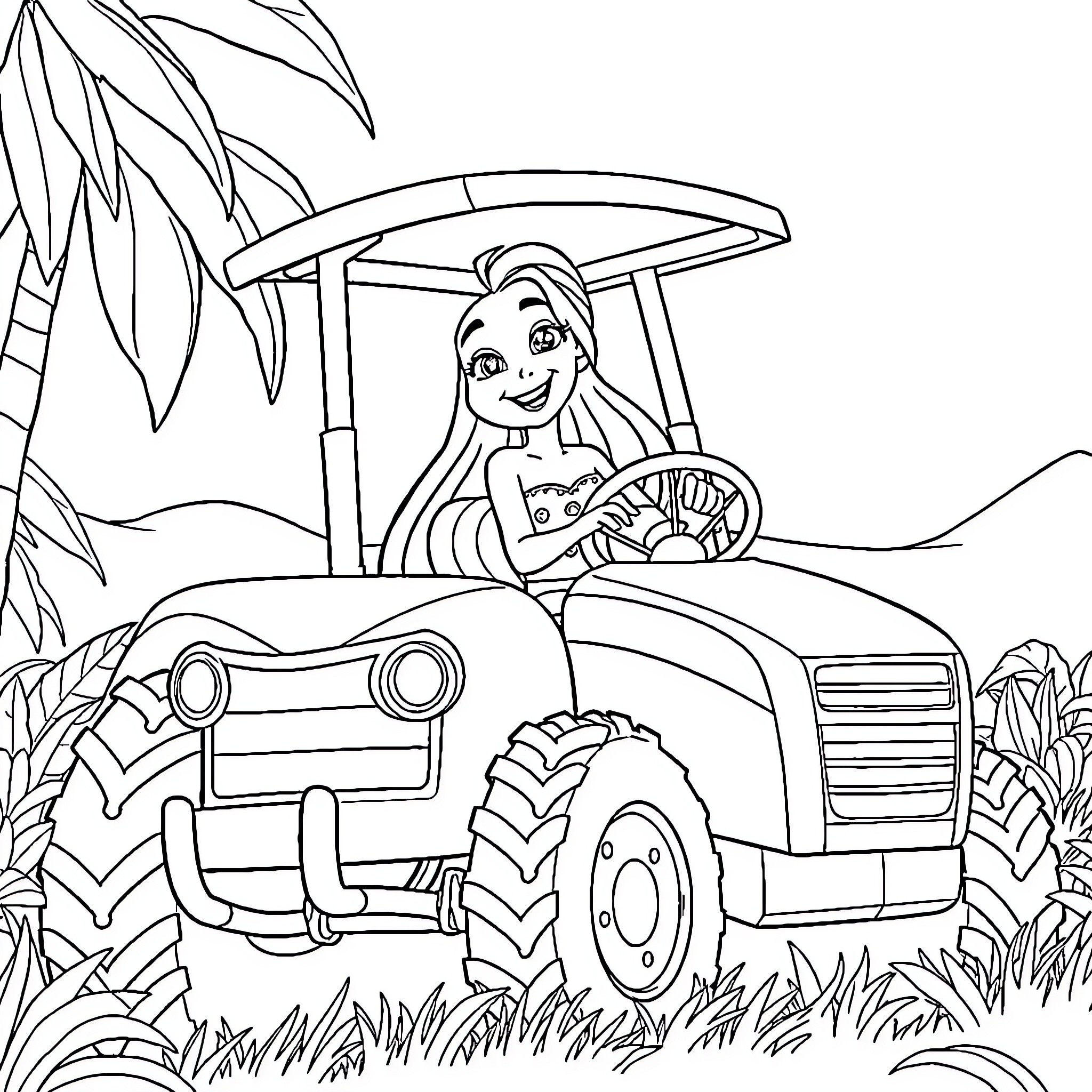 Vaiana driving a tractor through the jungle Coloring Page (free black-and-white line drawing printable PDF for all, from beginners to advanced learners, including children, teens, adults, and seniors)