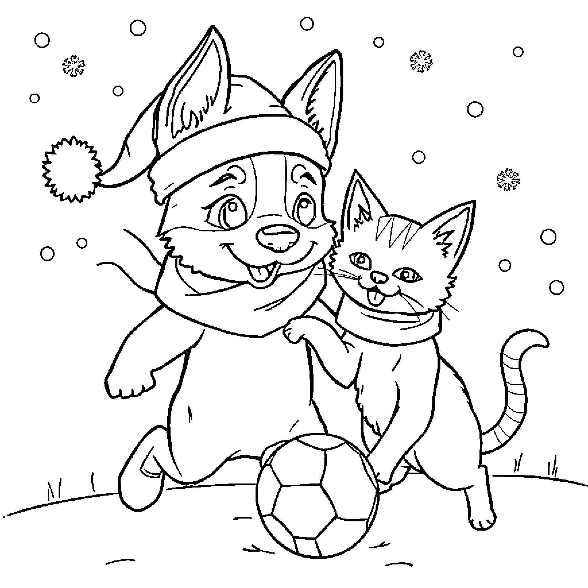 Perro and cat playing with soccer ball in winter Coloring Page (free black-and-white line drawing printable PDF for all, from beginners to advanced learners, including children, teens, adults, and seniors)