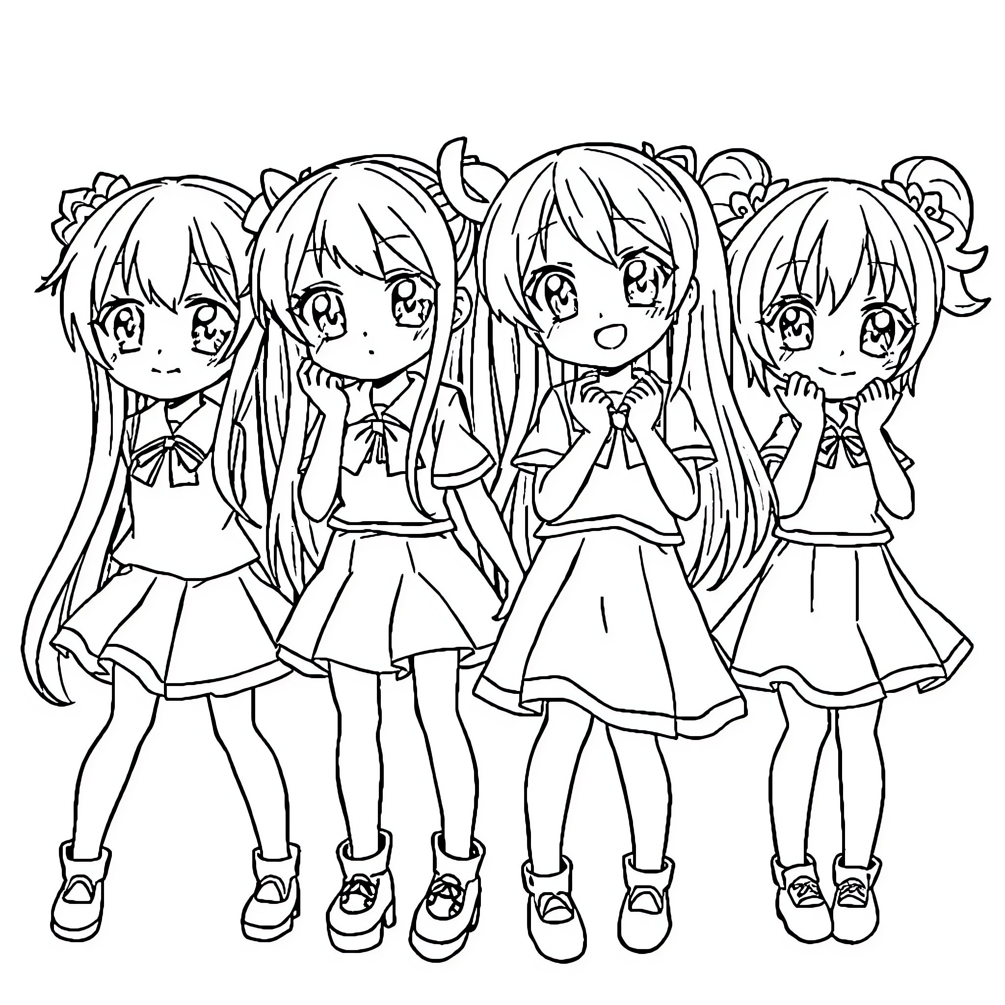 Anime Girls in Cheerful Poses Coloring Page (free black-and-white line drawing printable PDF for all, from beginners to advanced learners, including children, teens, adults, and seniors)