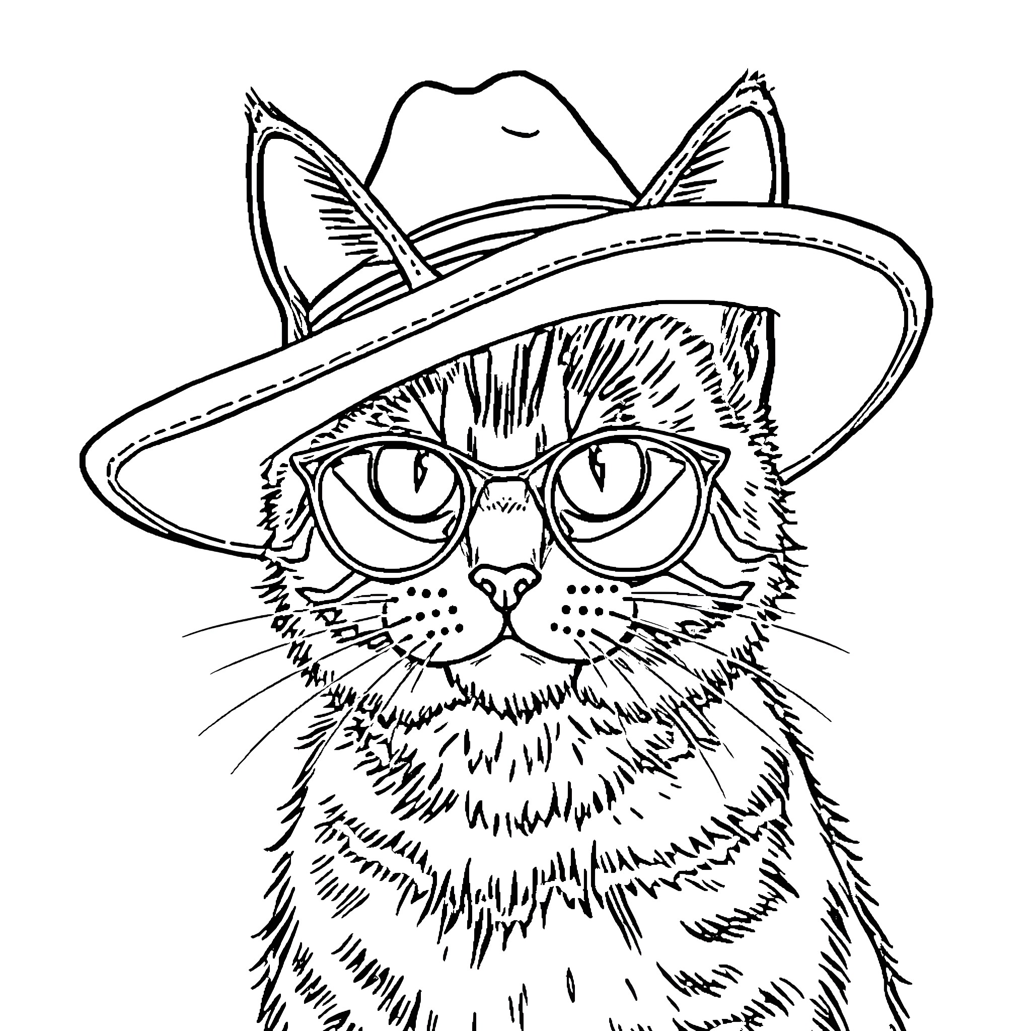 Gato wearing cowboy hat with amusing expression Coloring Page (free black-and-white line drawing printable PDF for all, from beginners to advanced learners, including children, teens, adults, and seniors)