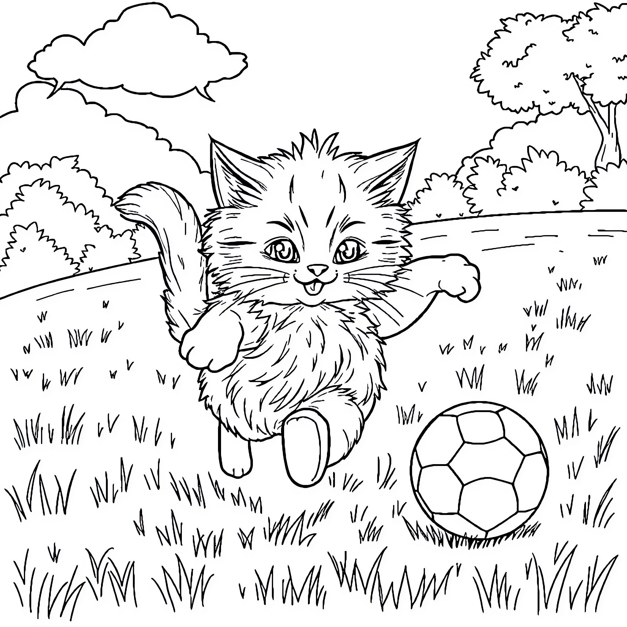 Cat playing joyfully with soccer ball in the park Coloring Page (free black-and-white line drawing printable PDF for all, from beginners to advanced learners, including children, teens, adults, and seniors)