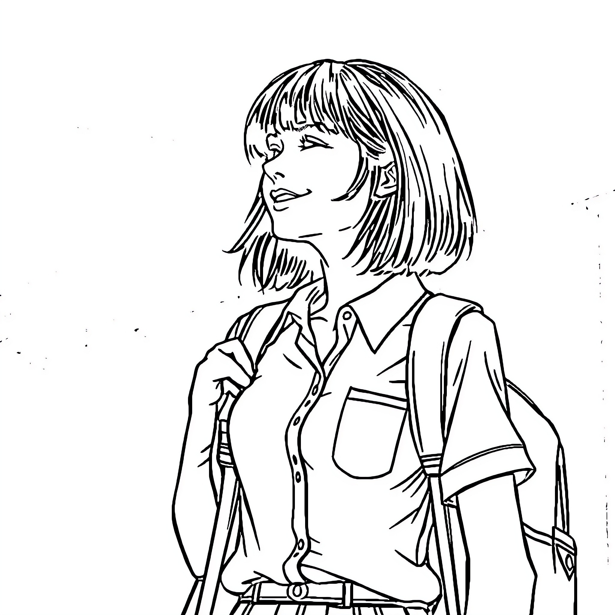 Schoolgirl in thoughtful contemplation Coloring Page (free black-and-white line drawing printable PDF for all, from beginners to advanced learners, including children, teens, adults, and seniors)