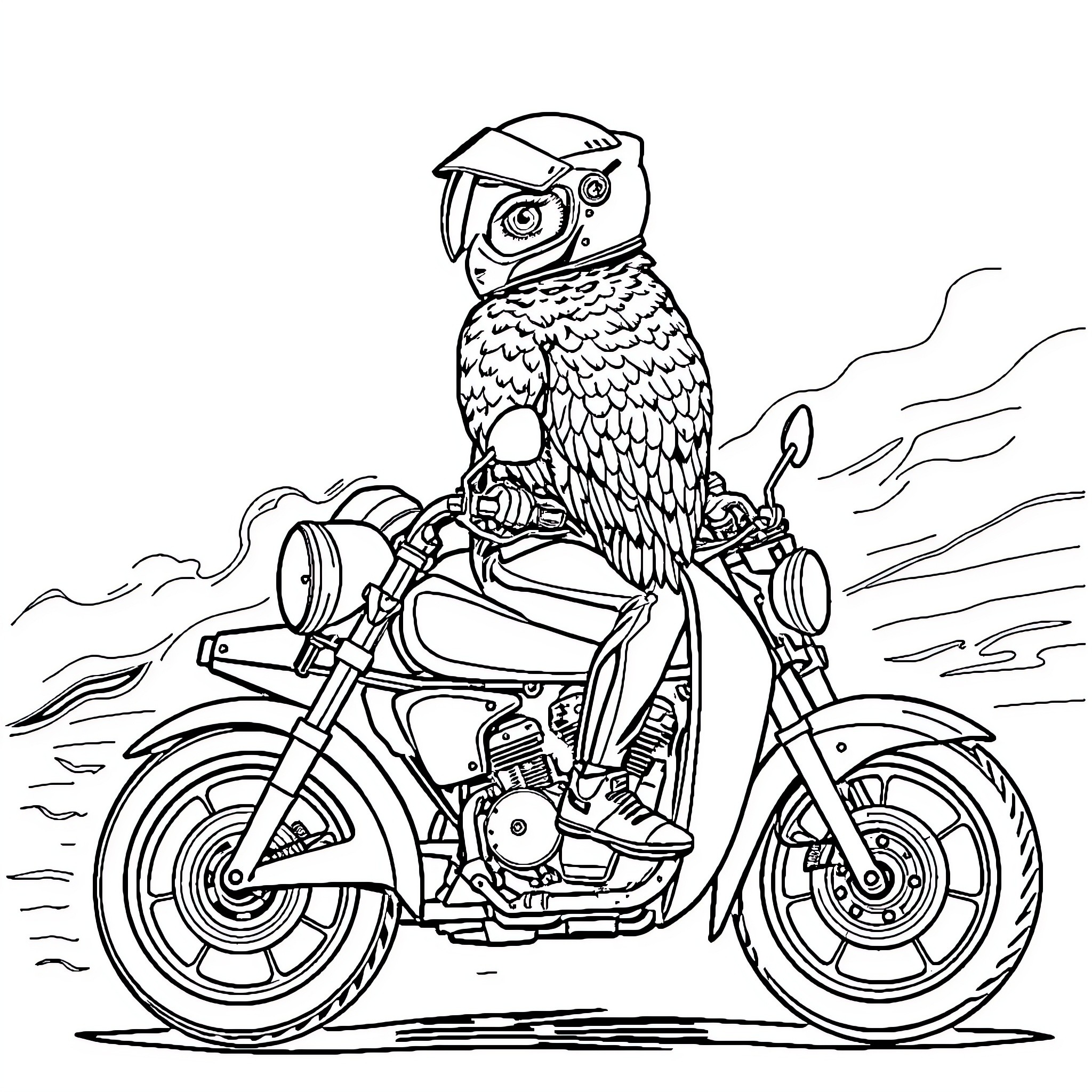 Goose riding a motorcycle in the wind Coloring Page (free black-and-white line drawing printable PDF for all, from beginners to advanced learners, including children, teens, adults, and seniors)