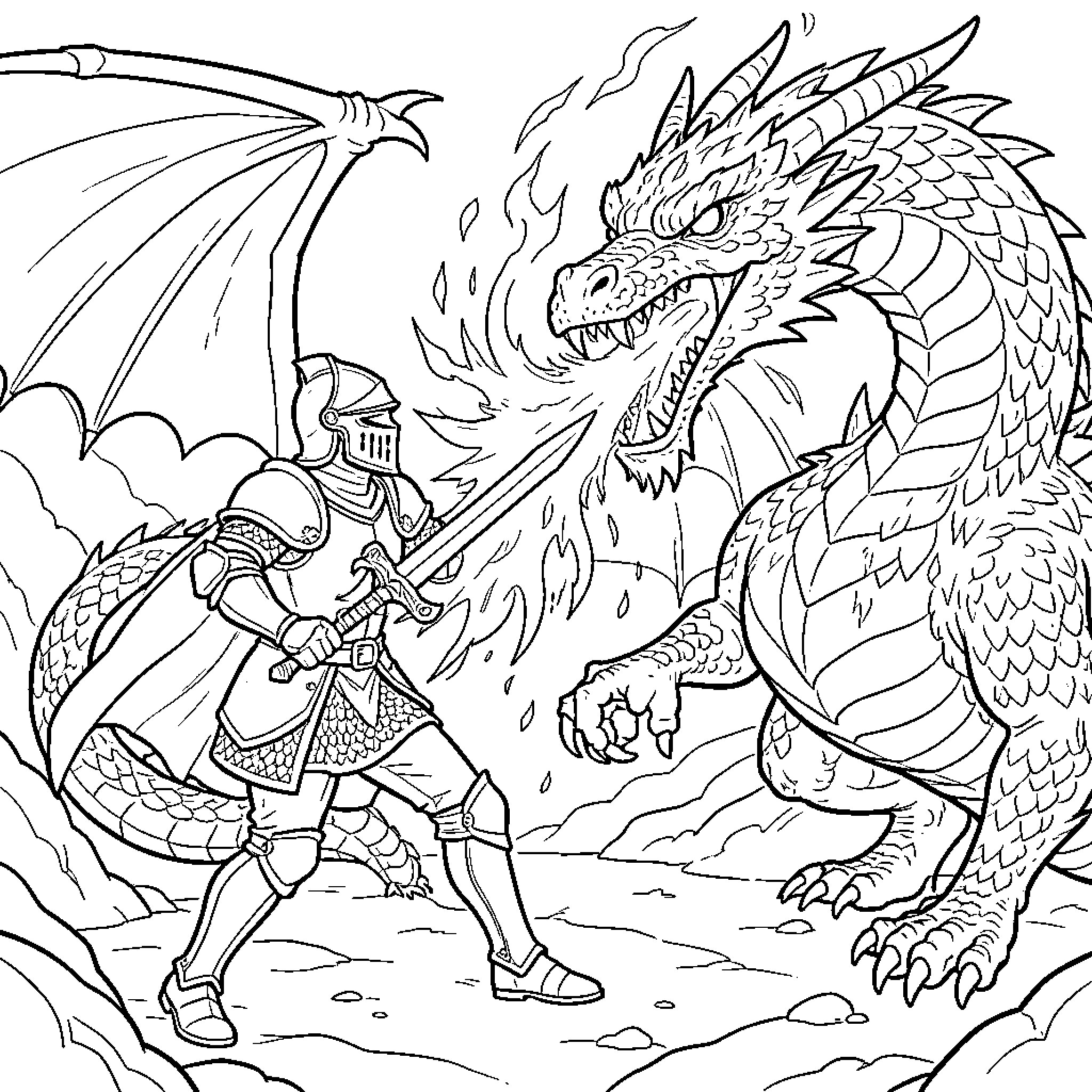 Knight battling a fierce dragon in the sky Coloring Page (free black-and-white line drawing printable PDF for all, from beginners to advanced learners, including children, teens, adults, and seniors)