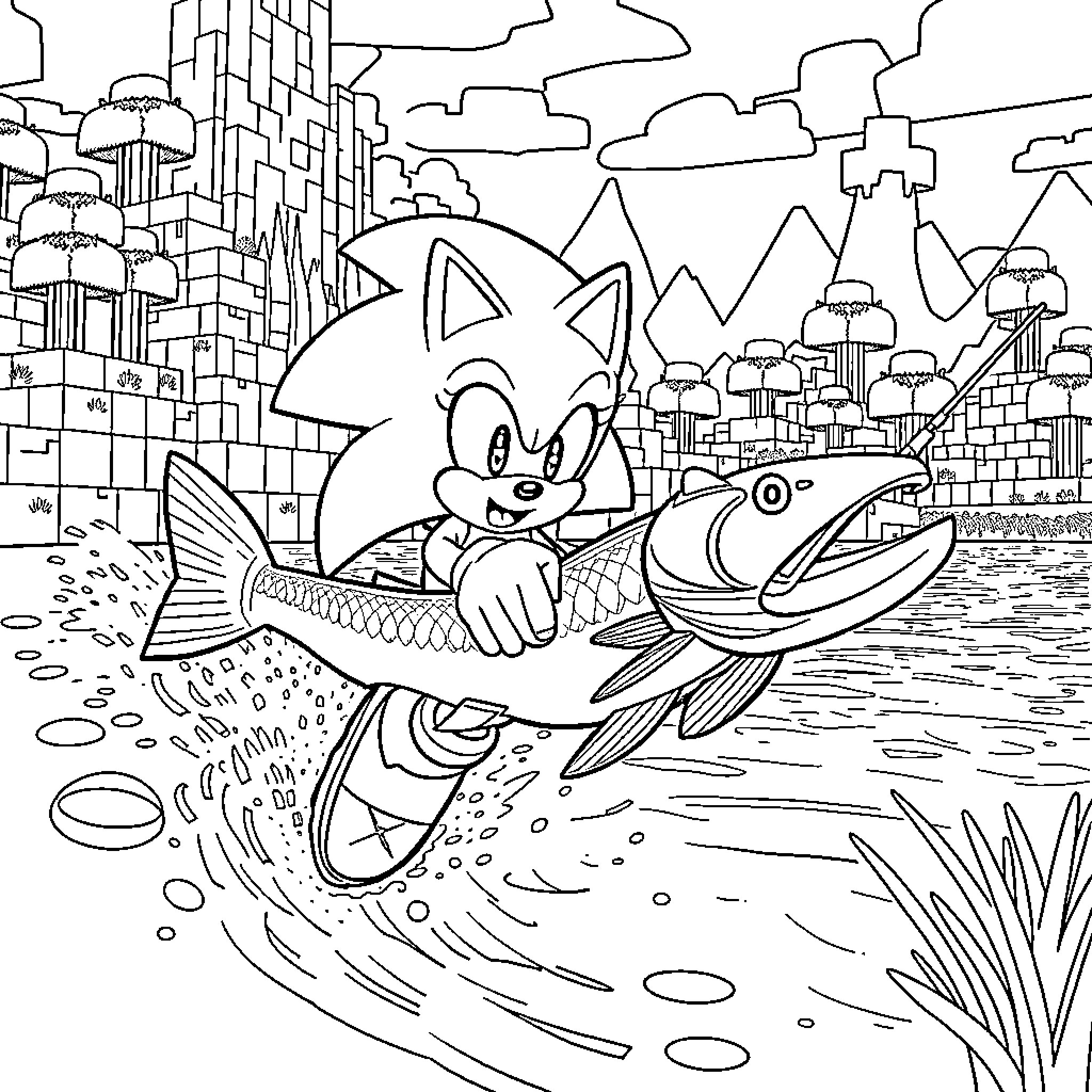 Sonic's Underwater Fishing Adventure Coloring Page (free black-and-white line drawing printable PDF for all, from beginners to advanced learners, including children, teens, adults, and seniors)
