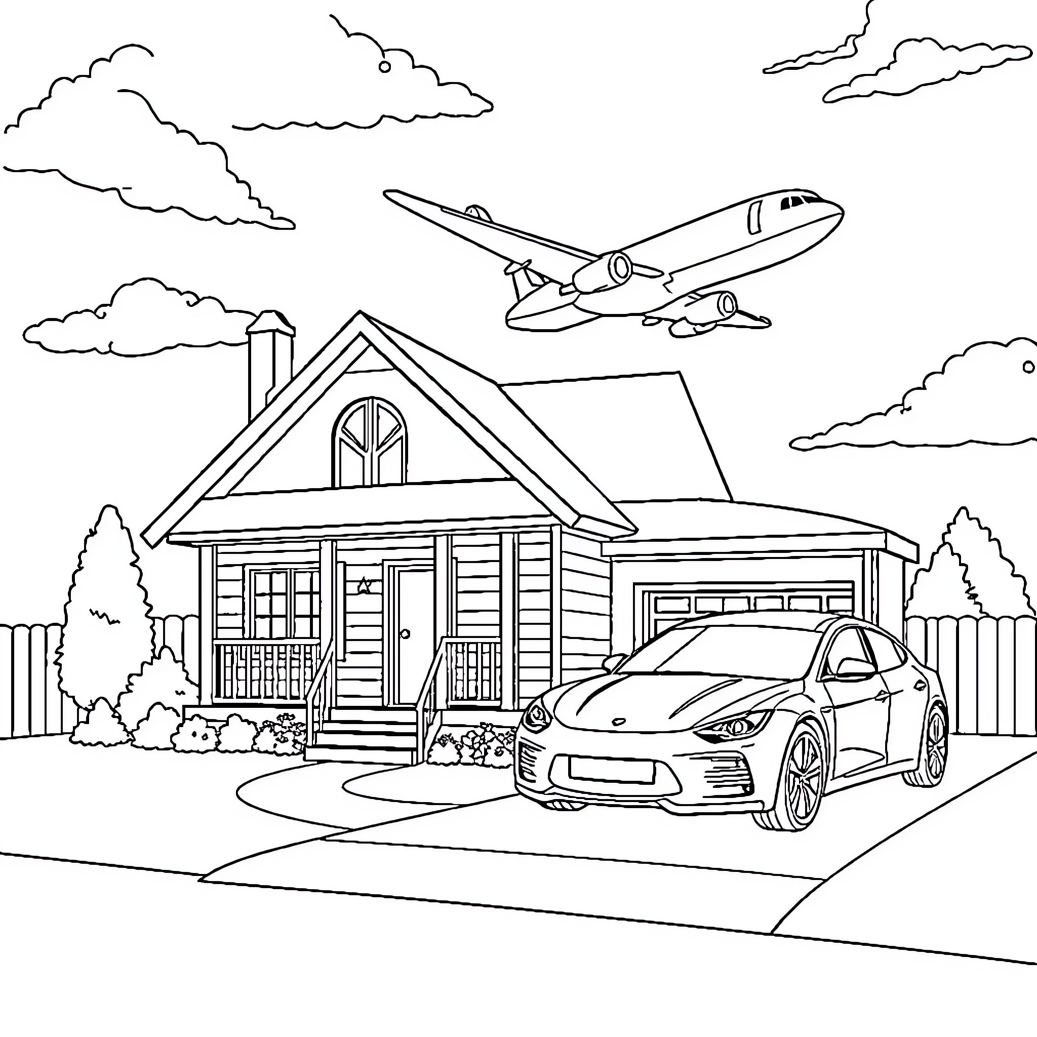 Home with Car and Flying Airplane Coloring Page (free black-and-white line drawing printable PDF for all, from beginners to advanced learners, including children, teens, adults, and seniors)