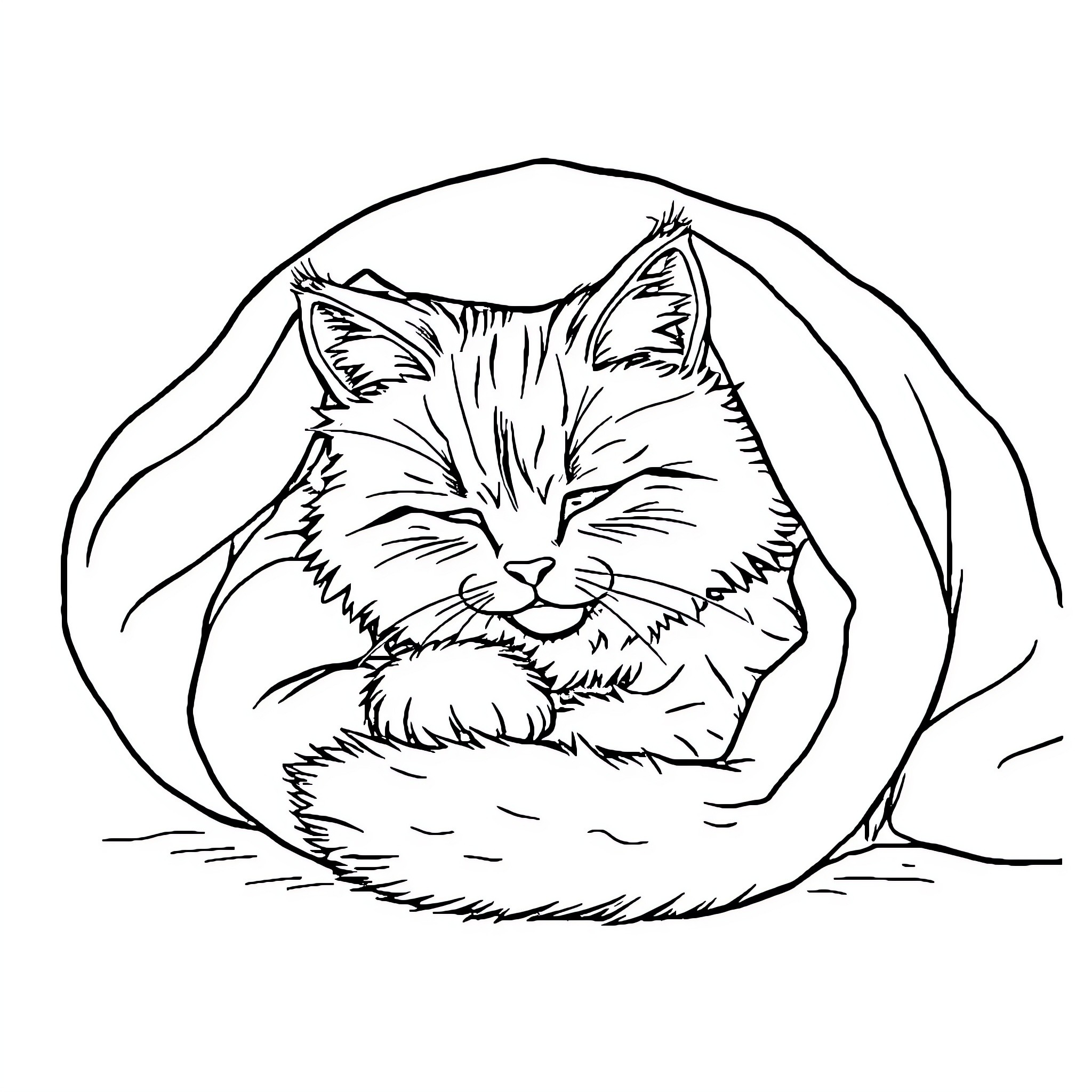 Cat curled up sleeping in a cozy bed Coloring Page (free black-and-white line drawing printable PDF for all, from beginners to advanced learners, including children, teens, adults, and seniors)