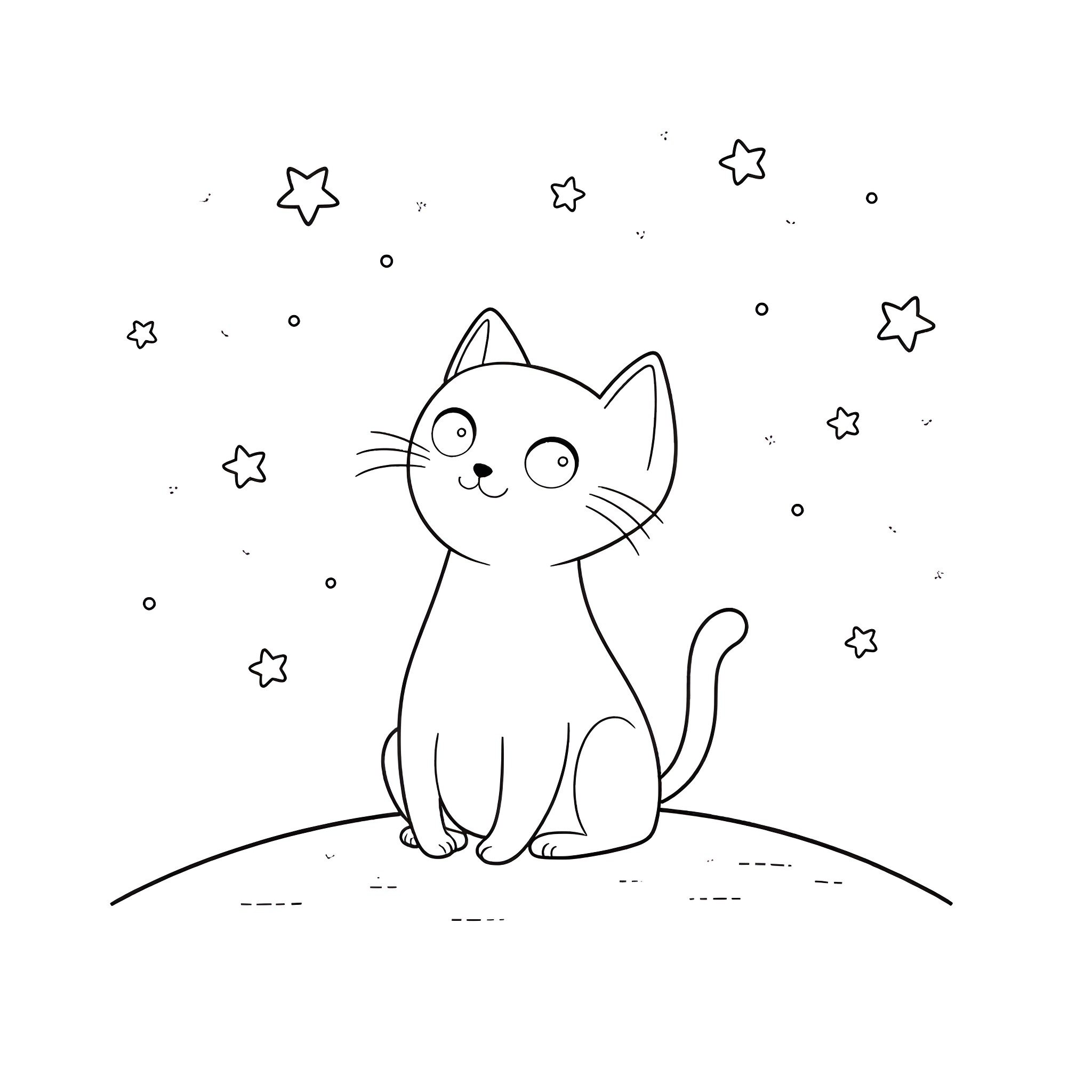 Cat gazing at stars in the night sky Coloring Page (free black-and-white line drawing printable PDF for all, from beginners to advanced learners, including children, teens, adults, and seniors)