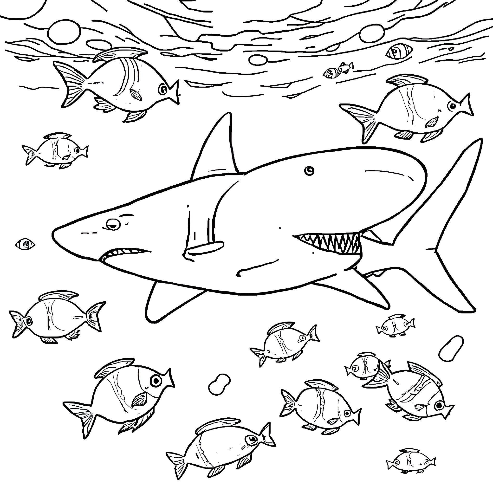 Shark swimming among various fish in the ocean Coloring Page (free black-and-white line drawing printable PDF for all, from beginners to advanced learners, including children, teens, adults, and seniors)