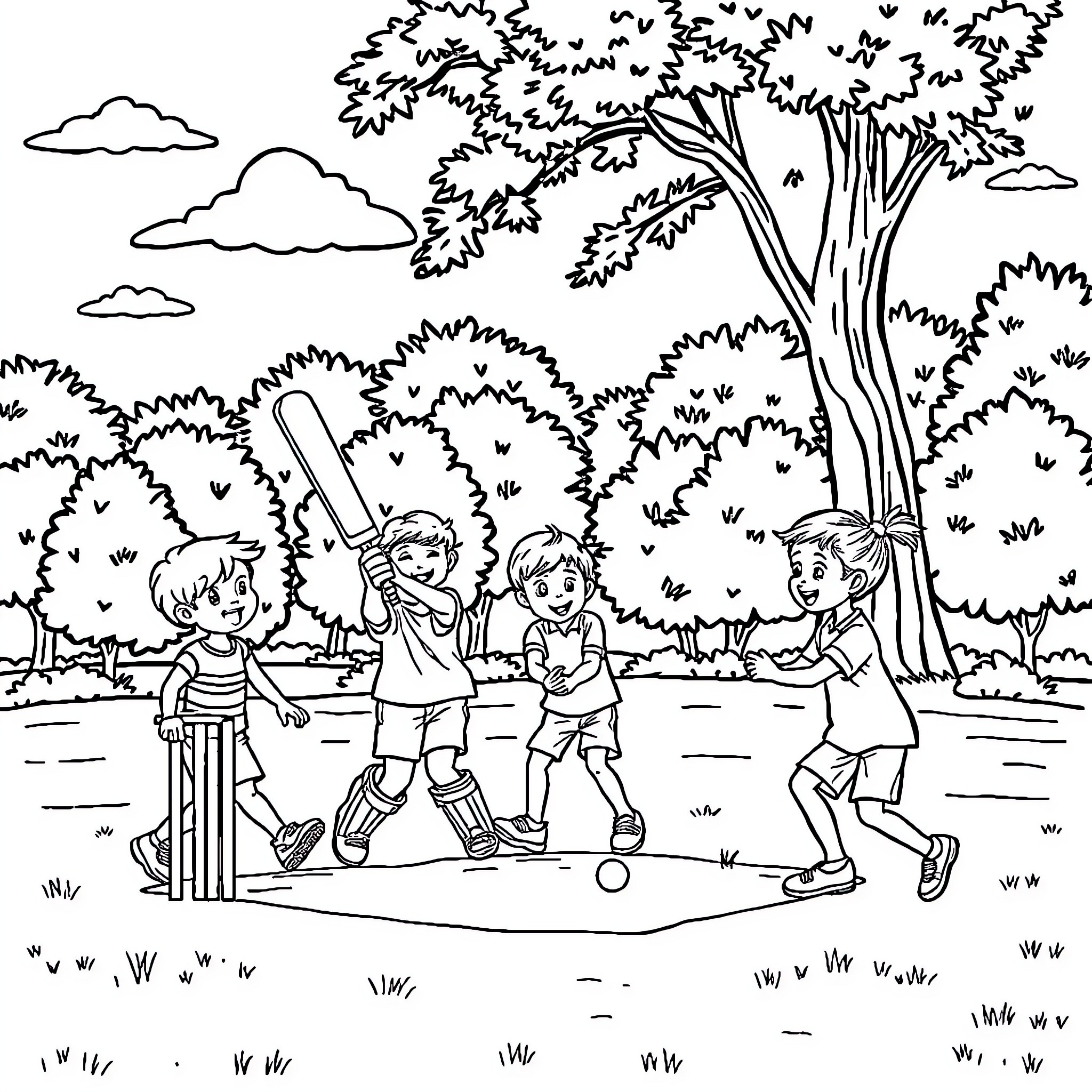 Kid cricketers playing joyfully in the park Coloring Page (free black-and-white line drawing printable PDF for all, from beginners to advanced learners, including children, teens, adults, and seniors)