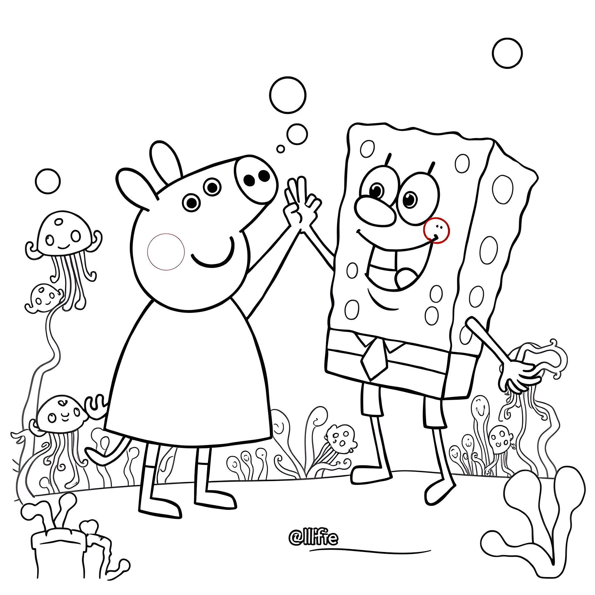 Peppa Pig and Spongebob in Underwater Adventure Coloring Page (free black-and-white line drawing printable PDF for all, from beginners to advanced learners, including children, teens, adults, and seniors)