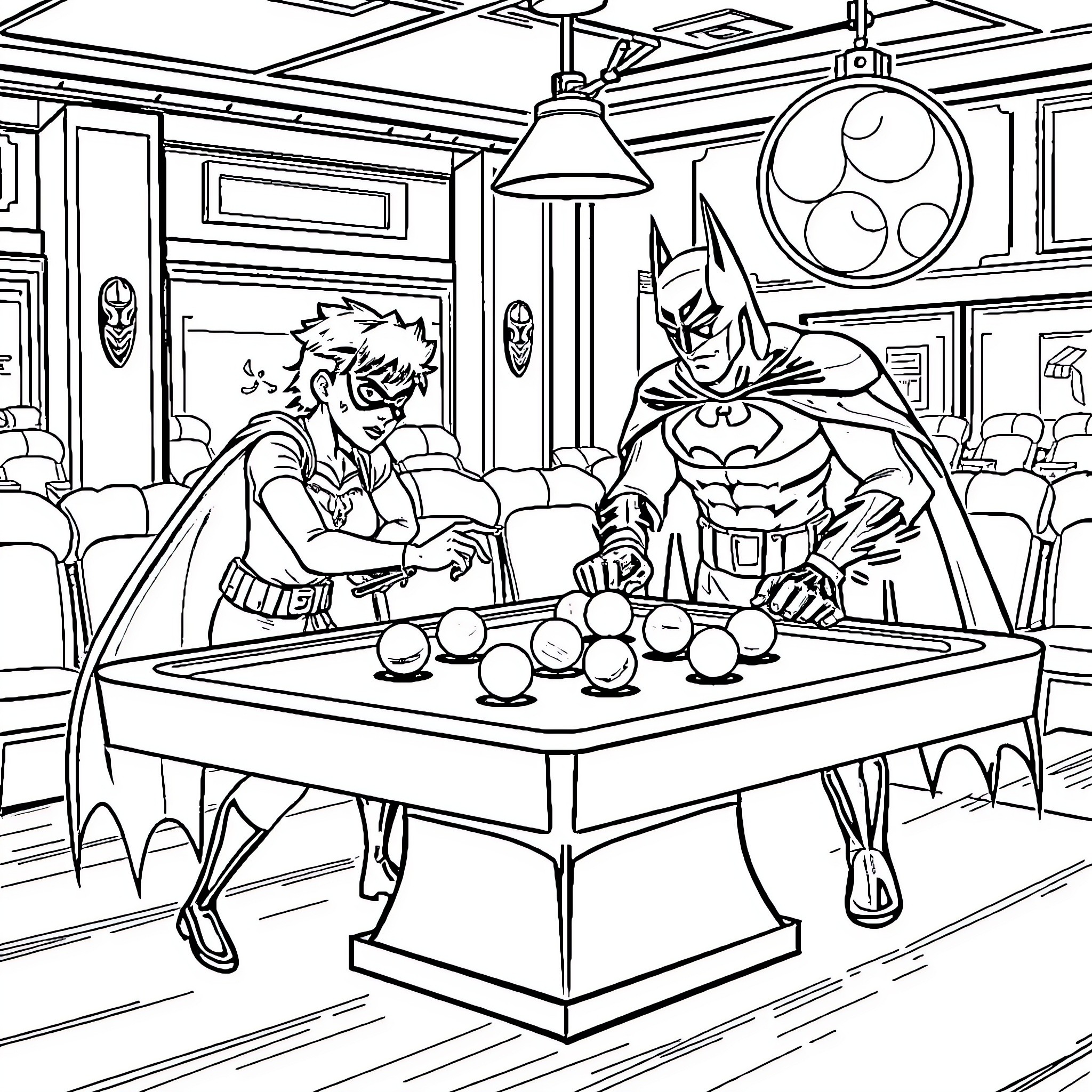 Aladdin and Batman playing billiards in a vintage setting Coloring Page (free black-and-white line drawing printable PDF for all, from beginners to advanced learners, including children, teens, adults, and seniors)