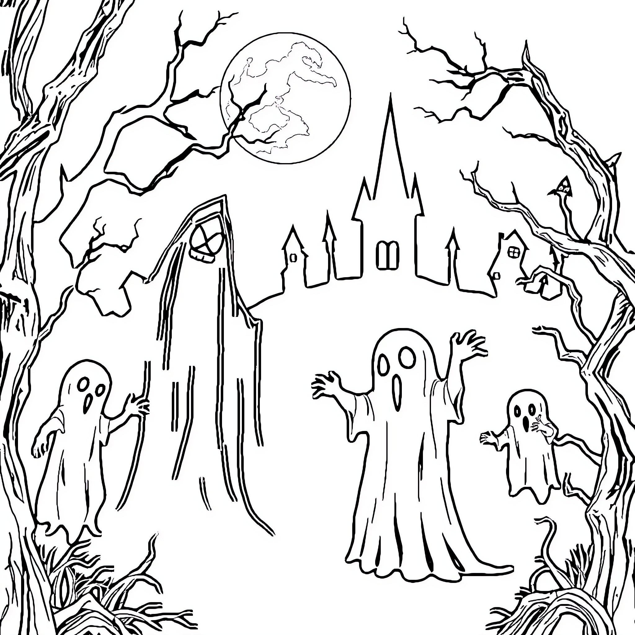 Horror Haunted House with Ghostly Figures Coloring Page (free black-and-white line drawing printable PDF for all, from beginners to advanced learners, including children, teens, adults, and seniors)