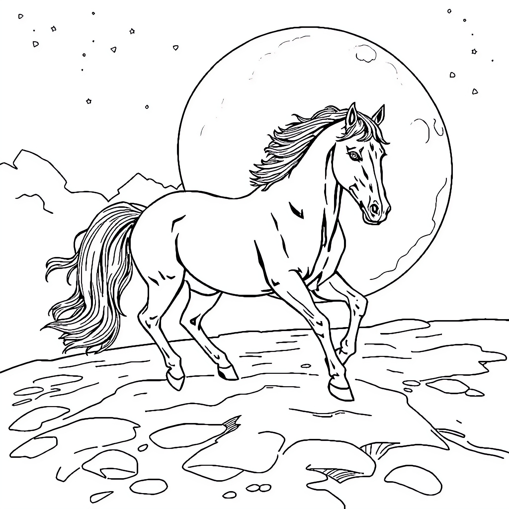 Horse galloping under the moonlight Coloring Page (free black-and-white line drawing printable PDF for all, from beginners to advanced learners, including children, teens, adults, and seniors)