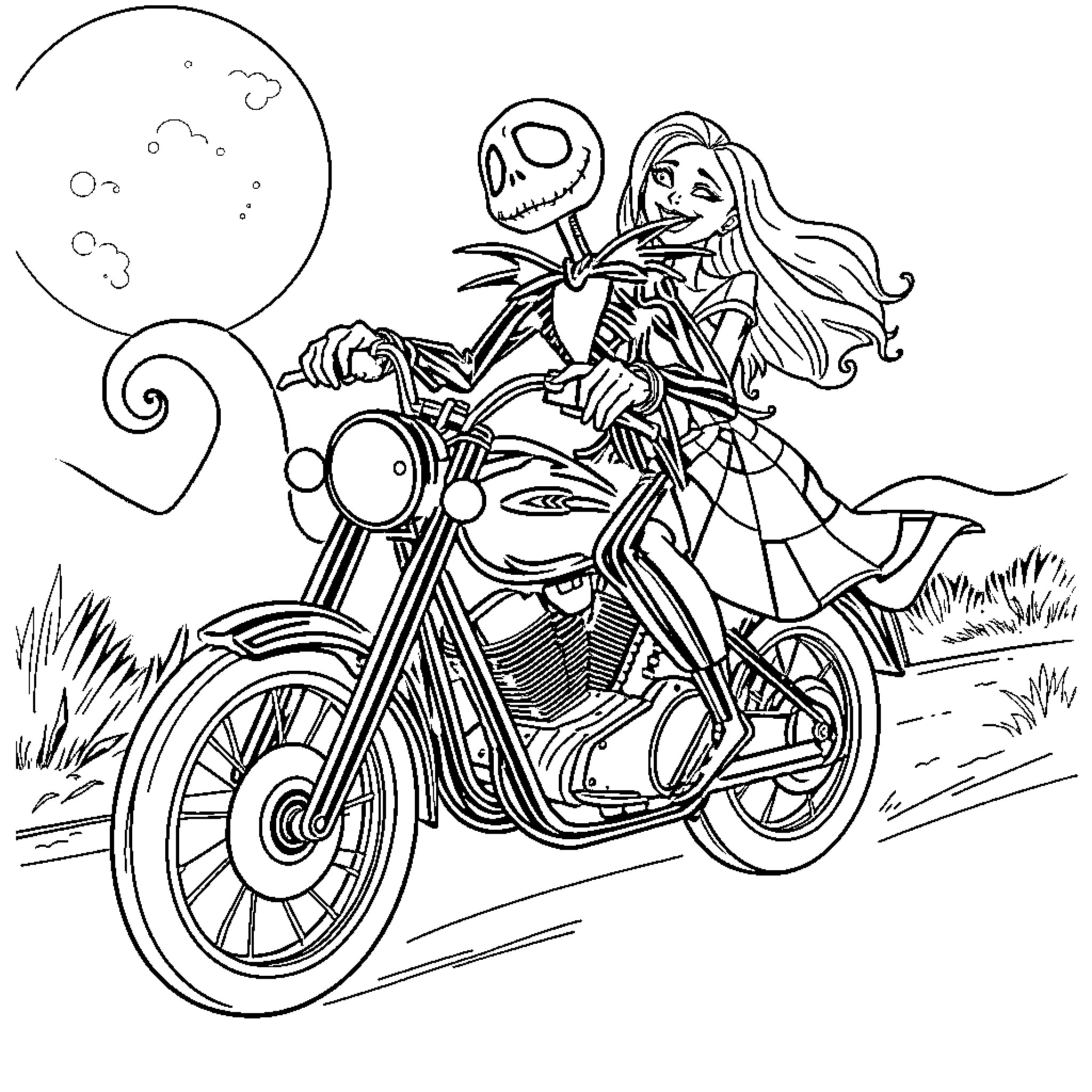 Jack Skellington riding a motorcycle with a female companion Coloring Page (free black-and-white line drawing printable PDF for all, from beginners to advanced learners, including children, teens, adults, and seniors)