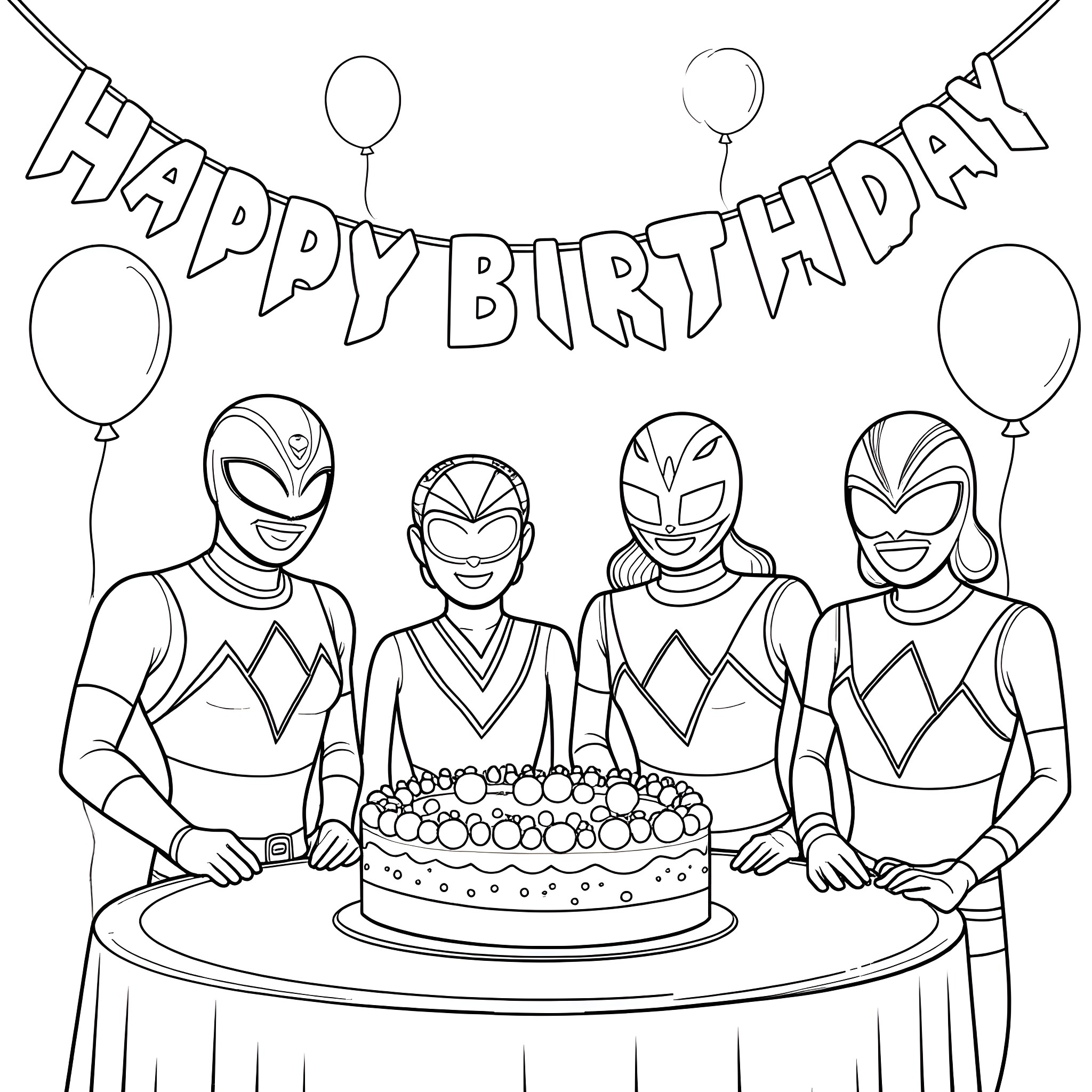 Power Rangers Celebrating a Happy Birthday Coloring Page (free black-and-white line drawing printable PDF for all, from beginners to advanced learners, including children, teens, adults, and seniors)