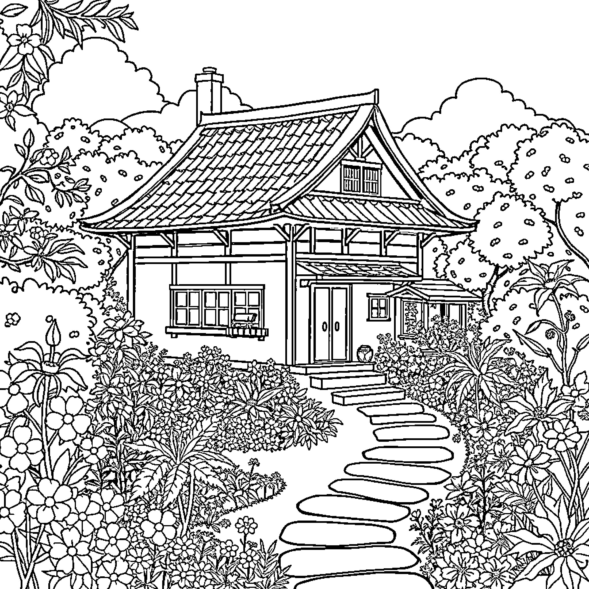 Townhouse nestled in lush garden with blooming flowers Coloring Page (free black-and-white line drawing printable PDF for all, from beginners to advanced learners, including children, teens, adults, and seniors)
